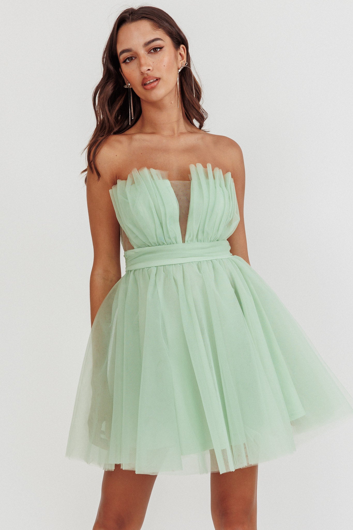 Touch The Stars Gathered Mesh Mini Dress Sage-Maymioy