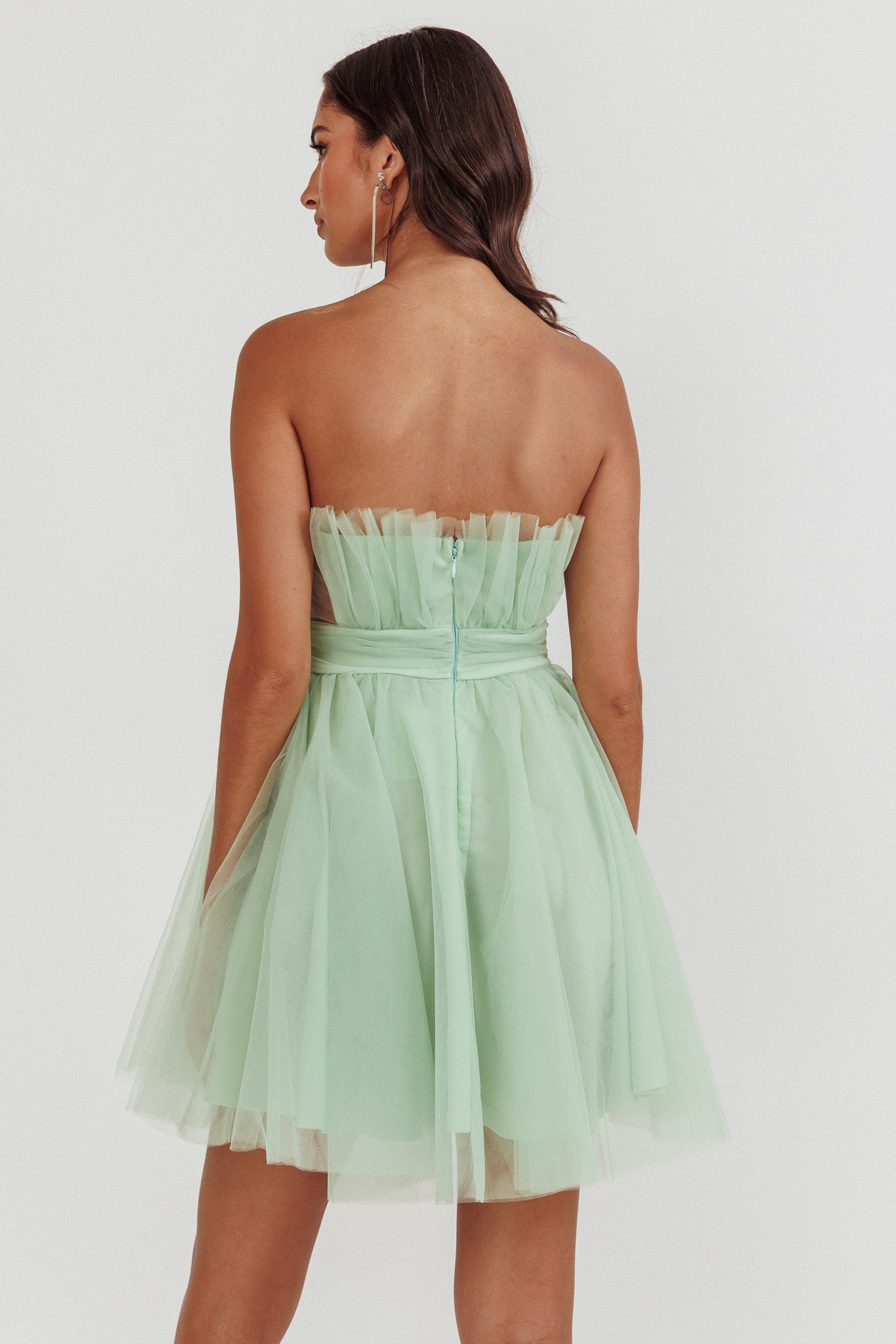 Touch The Stars Gathered Mesh Mini Dress Sage-Maymioy
