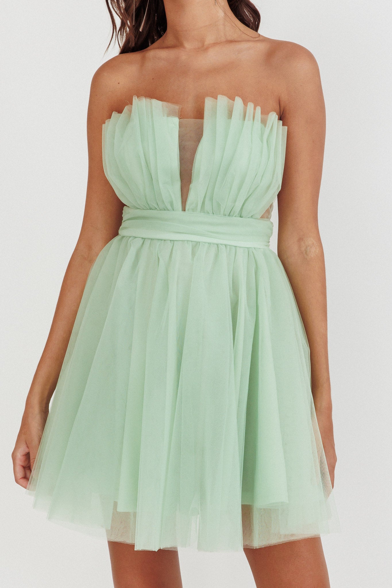 Touch The Stars Gathered Mesh Mini Dress Sage-Maymioy