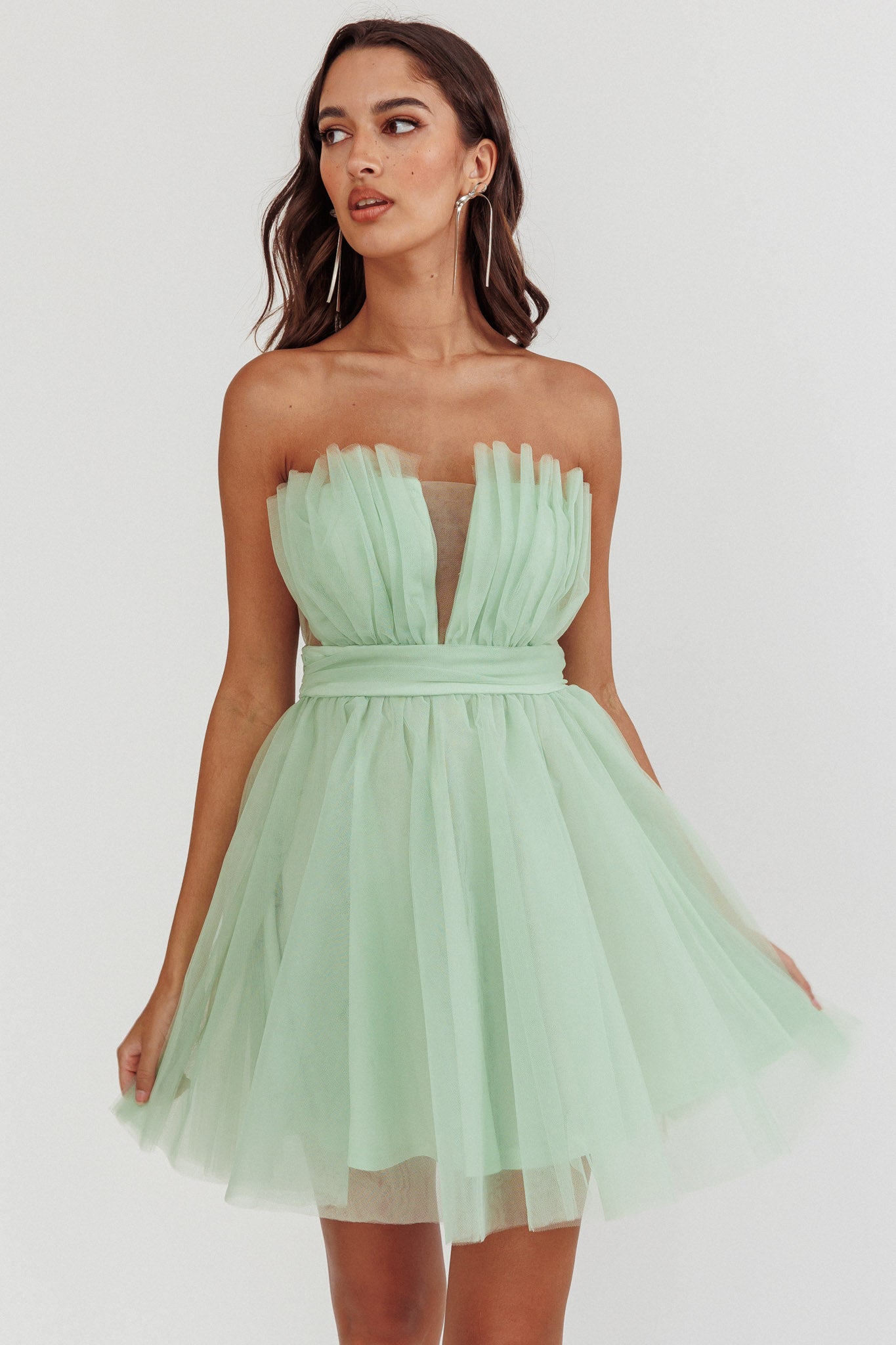 Touch The Stars Gathered Mesh Mini Dress Sage-Maymioy