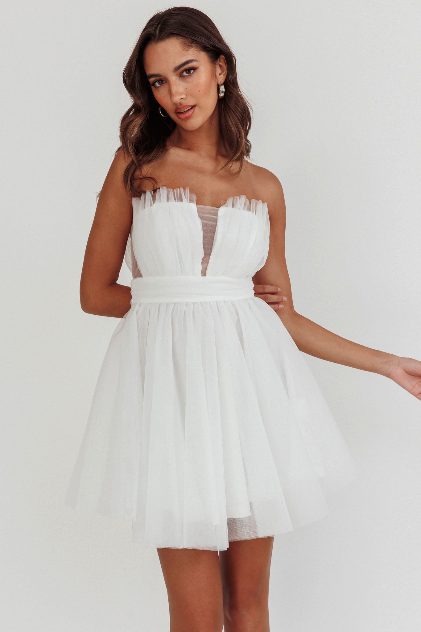 Touch The Stars Gathered Mesh Mini Dress White-Maymioy