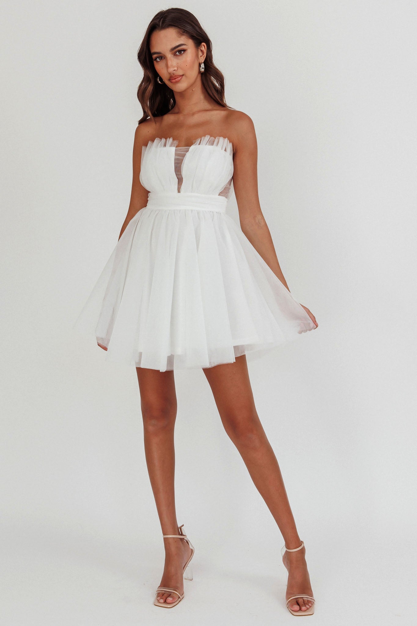 Touch The Stars Gathered Mesh Mini Dress White-Maymioy