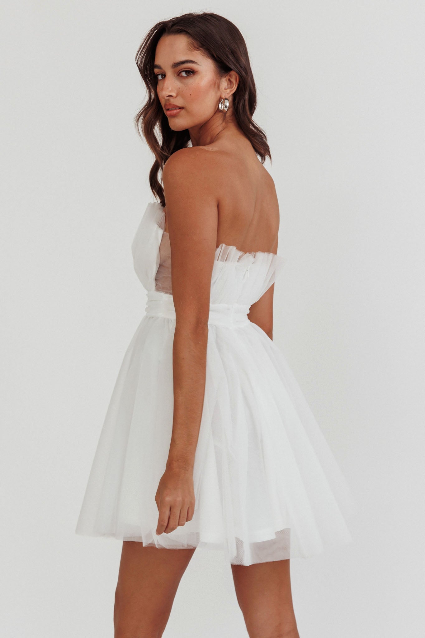 Touch The Stars Gathered Mesh Mini Dress White-Maymioy