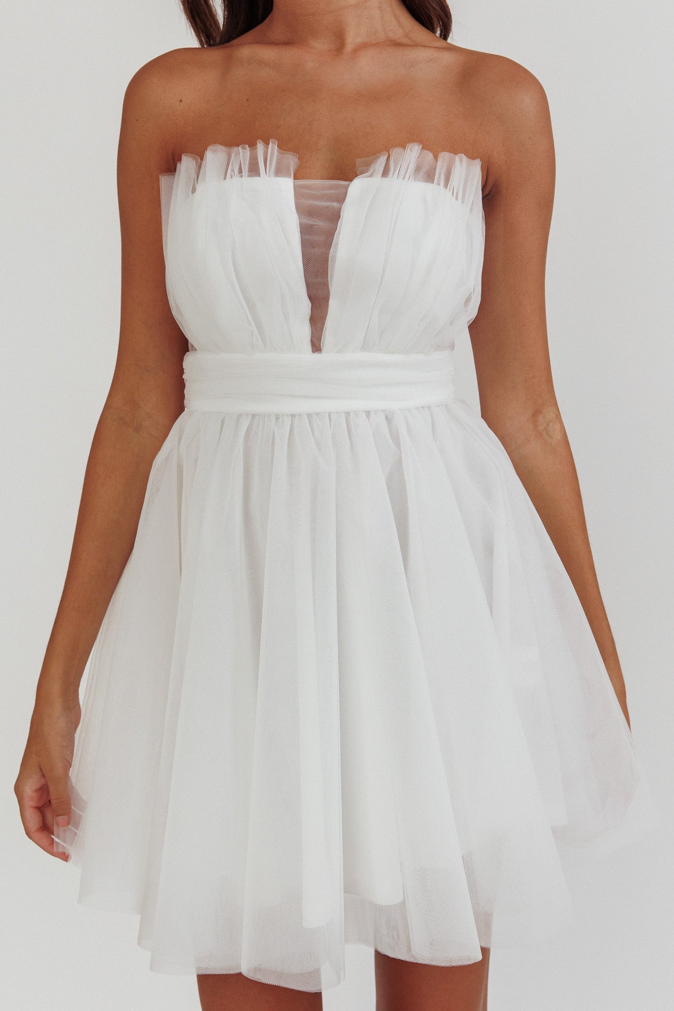 Touch The Stars Gathered Mesh Mini Dress White-Maymioy