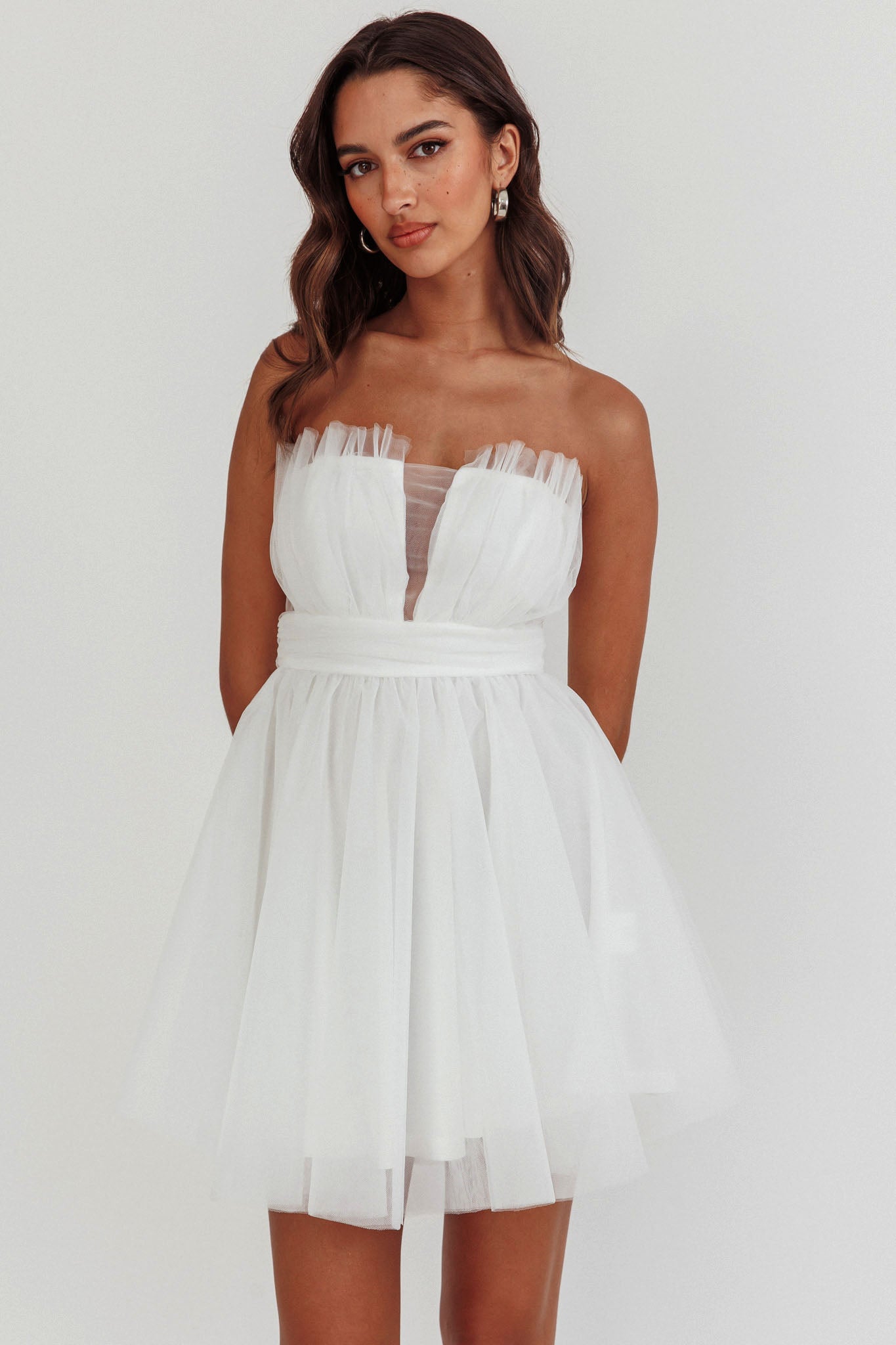 Touch The Stars Gathered Mesh Mini Dress White-Maymioy