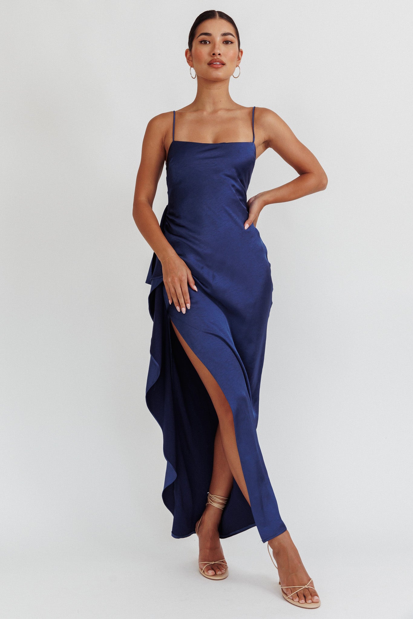 Night Swim Satin Leg Slit Maxi Dress Navy-Maymioy