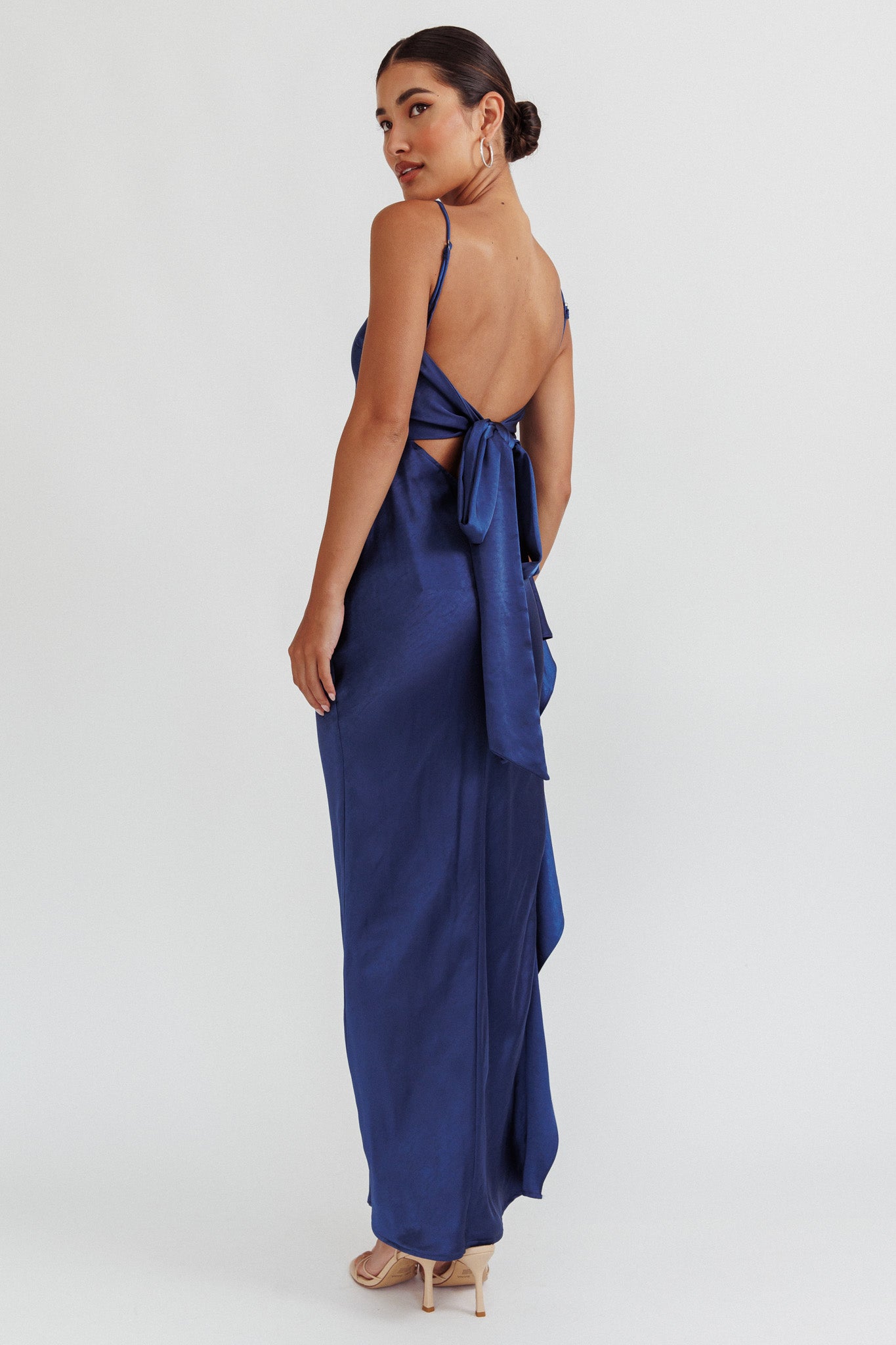 Night Swim Satin Leg Slit Maxi Dress Navy-Maymioy