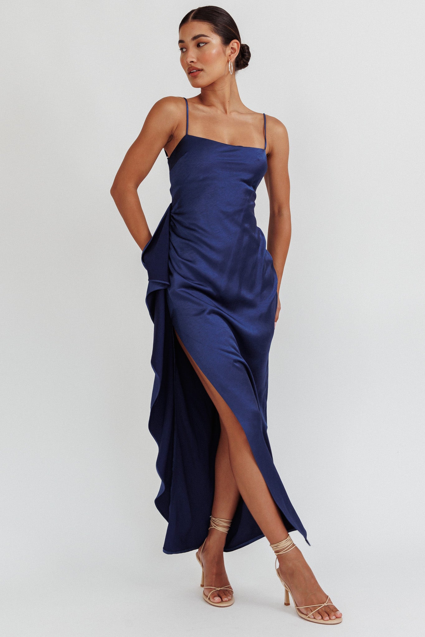 Night Swim Satin Leg Slit Maxi Dress Navy-Maymioy