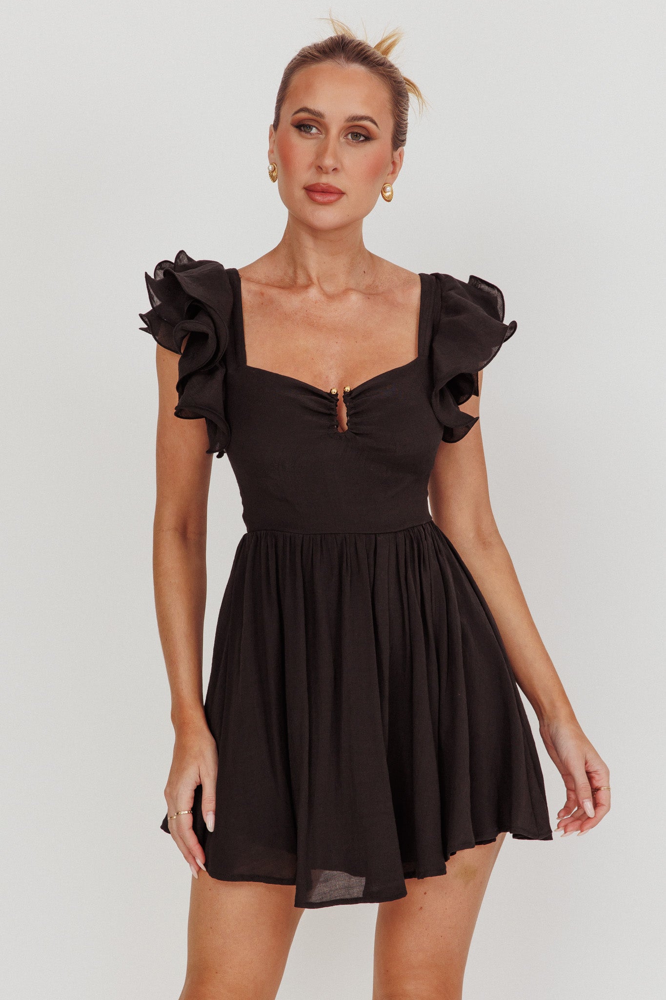 Sunday Dreams Ruffle Strap Mini Dress Black-Maymioy