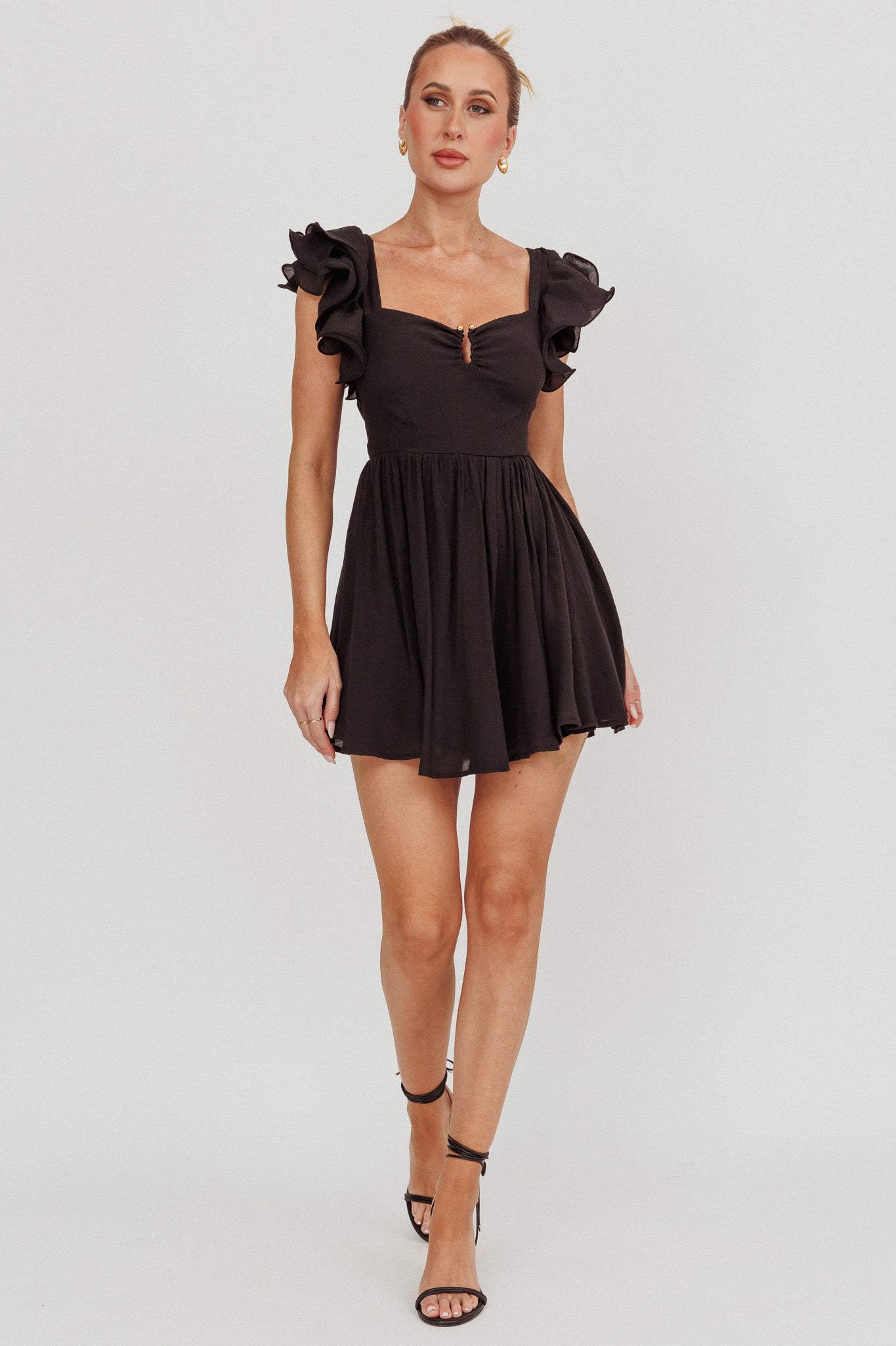 Sunday Dreams Ruffle Strap Mini Dress Black-Maymioy