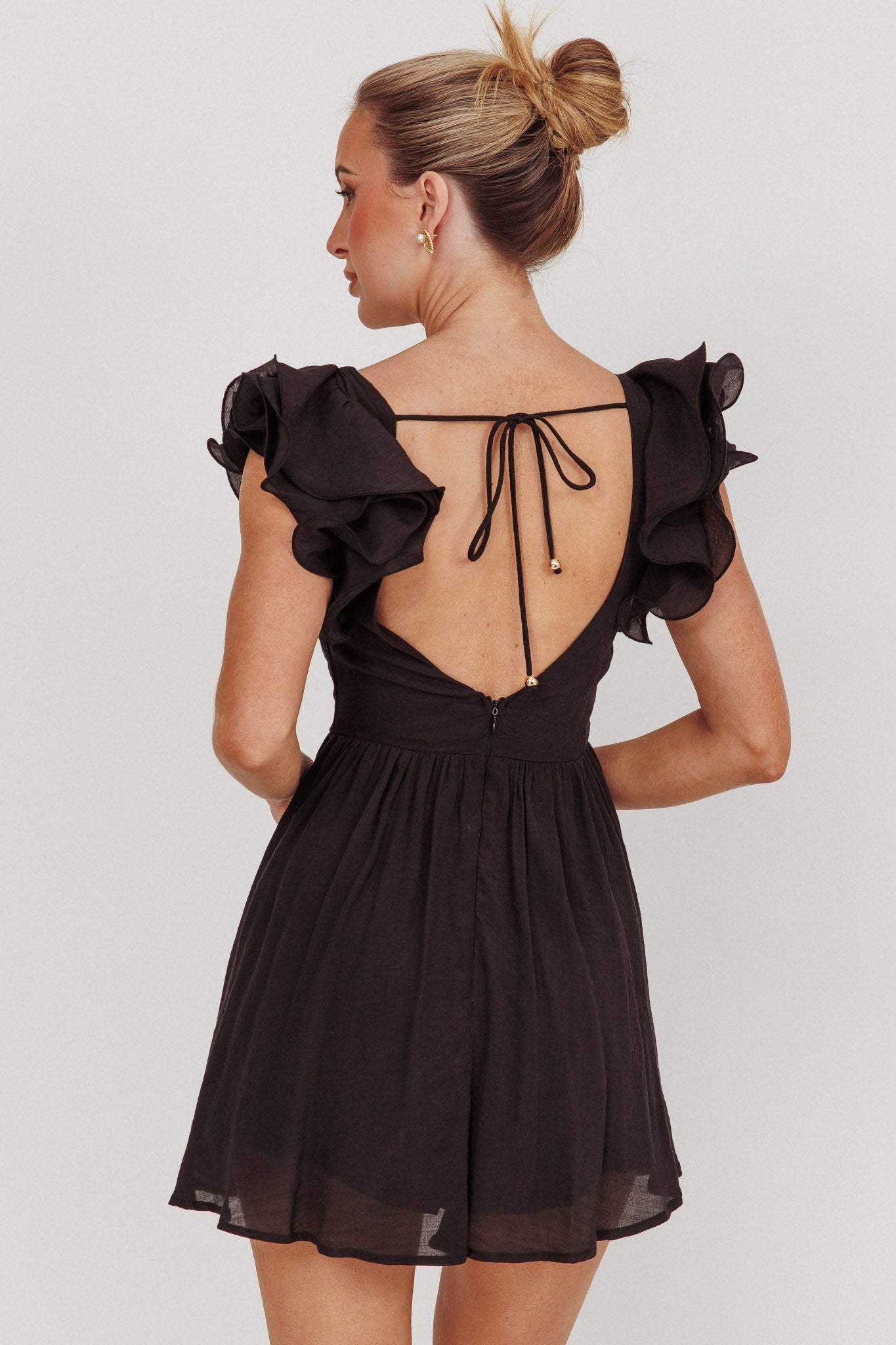 Sunday Dreams Ruffle Strap Mini Dress Black-Maymioy