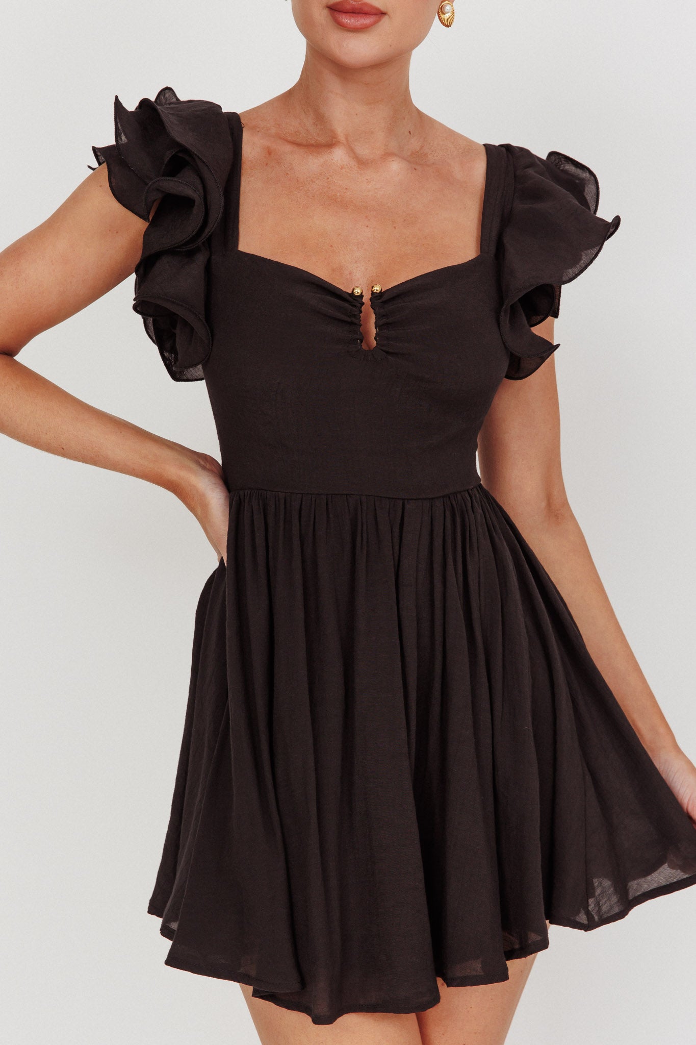 Sunday Dreams Ruffle Strap Mini Dress Black-Maymioy