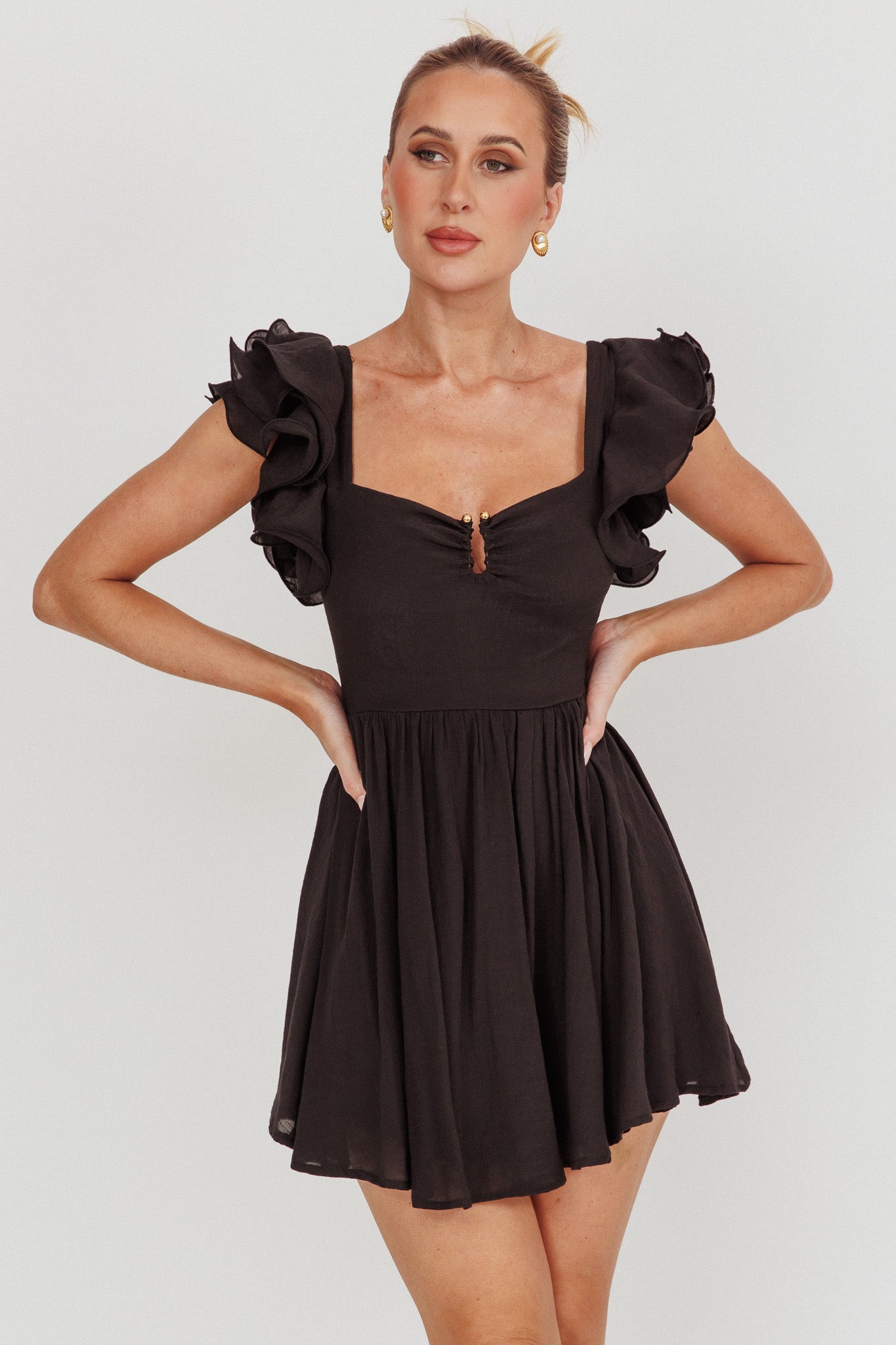 Sunday Dreams Ruffle Strap Mini Dress Black-Maymioy