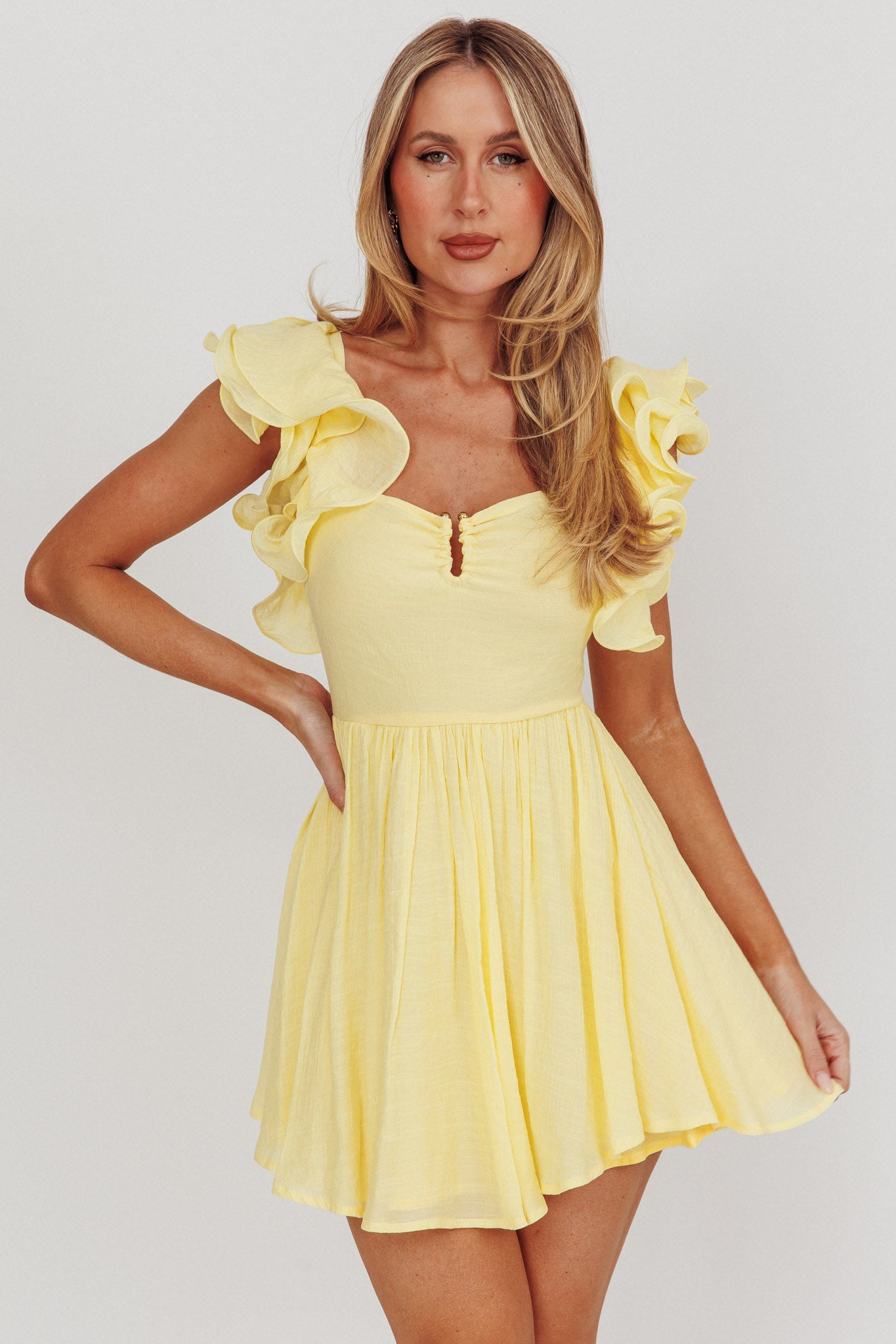 Sunday Dreams Ruffle Strap Mini Dress Yellow-Maymioy