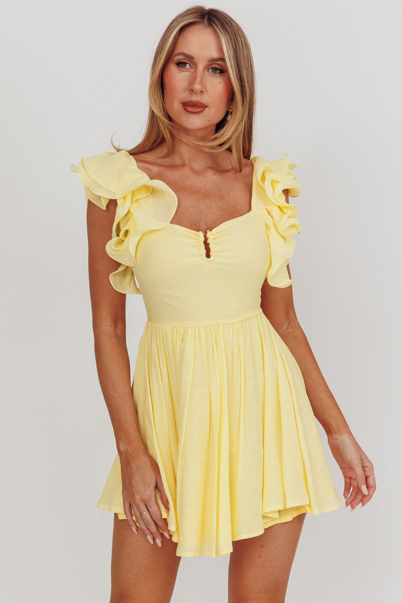 Sunday Dreams Ruffle Strap Mini Dress Yellow-Maymioy