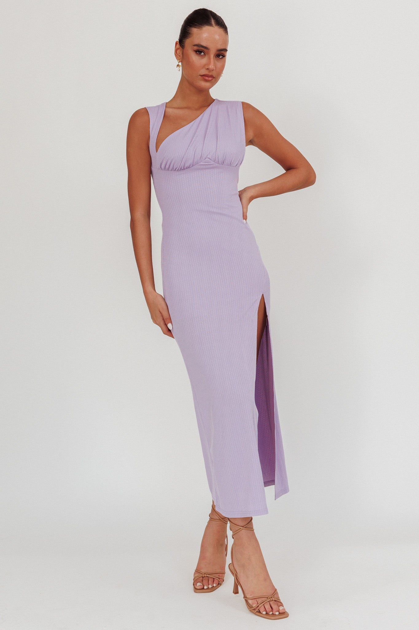 Daleela Asymmetric Neckline Maxi Dress Lilac-Maymioy