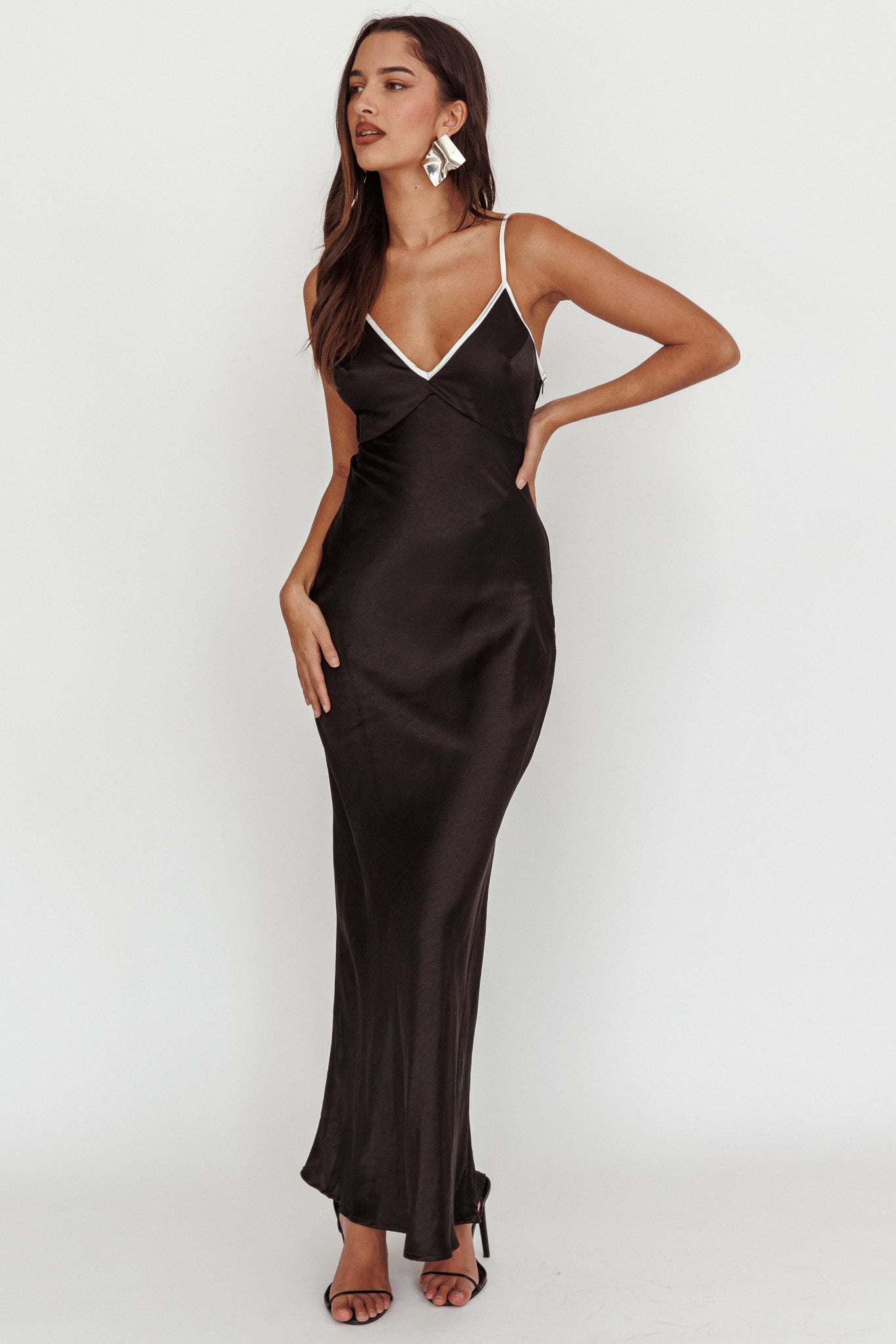 Odyssey Contrast Satin Maxi Slip Dress Black-Maymioy