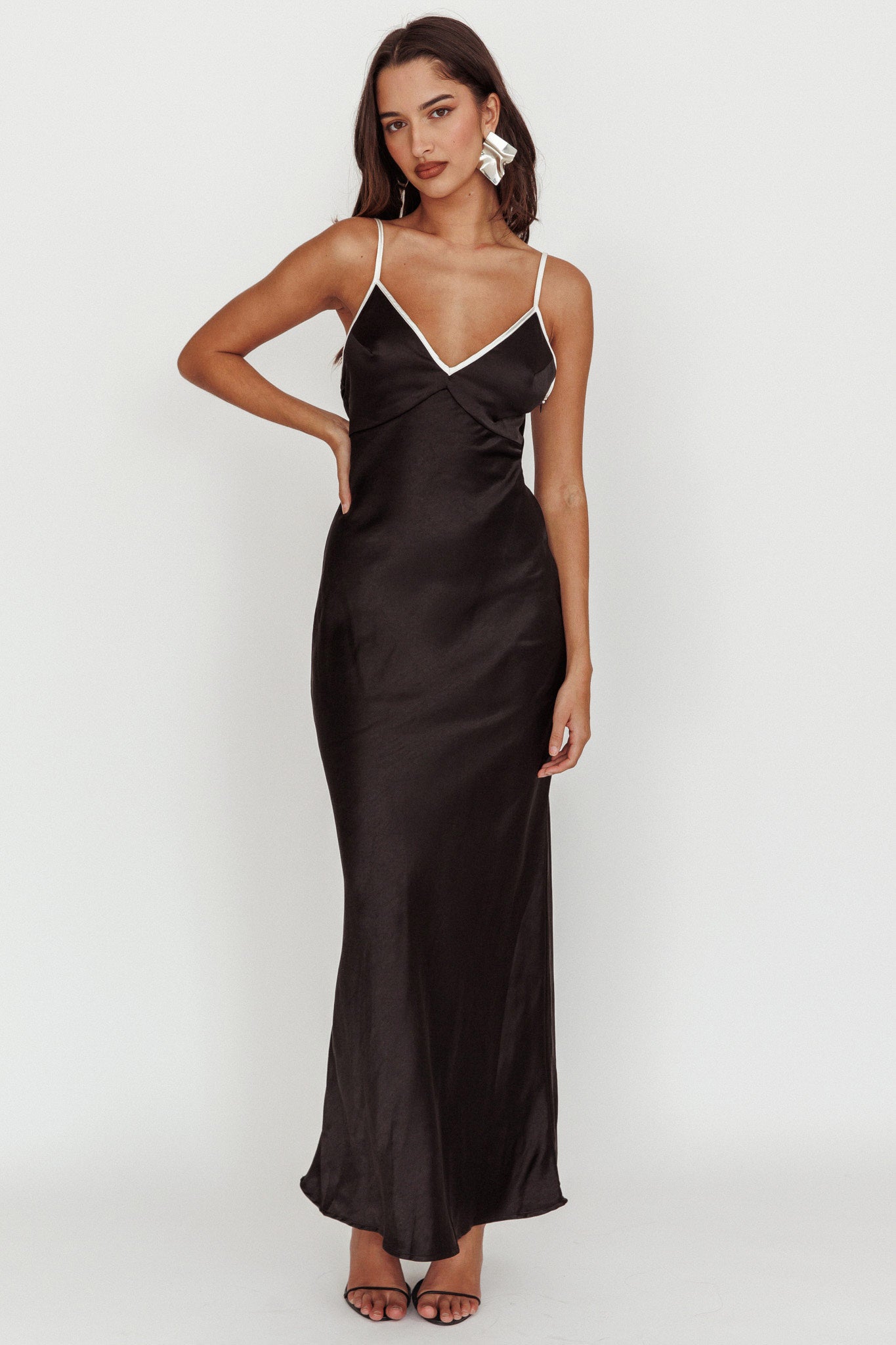 Odyssey Contrast Satin Maxi Slip Dress Black-Maymioy