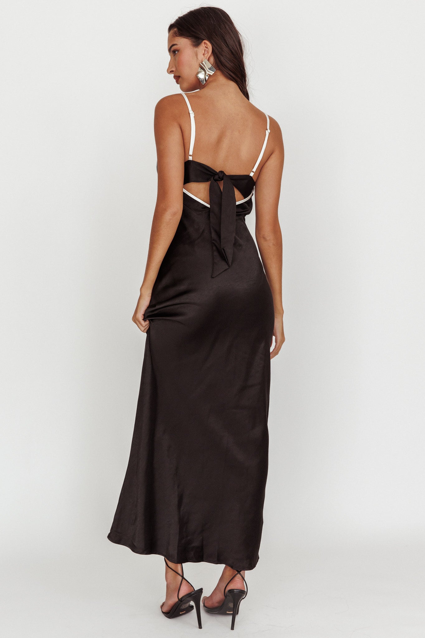 Odyssey Contrast Satin Maxi Slip Dress Black-Maymioy