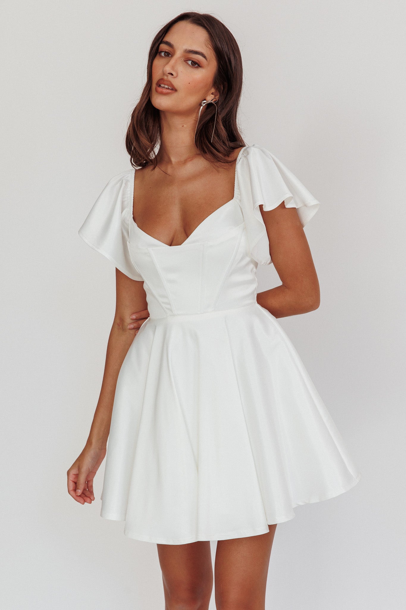 Tamelia Flutter Sleeve Mini Dress White-Maymioy