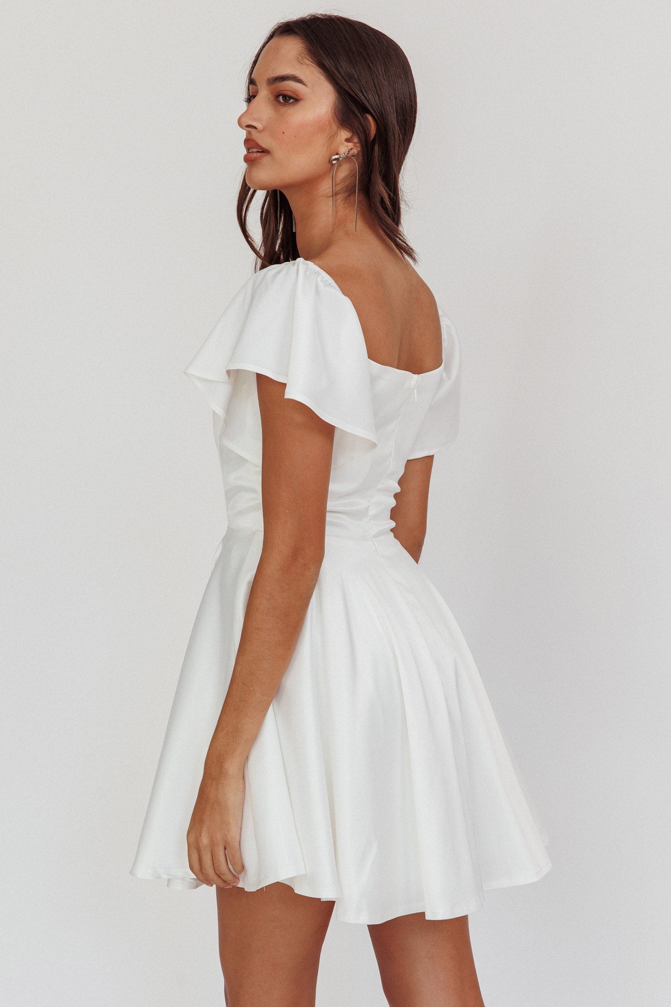 Tamelia Flutter Sleeve Mini Dress White-Maymioy