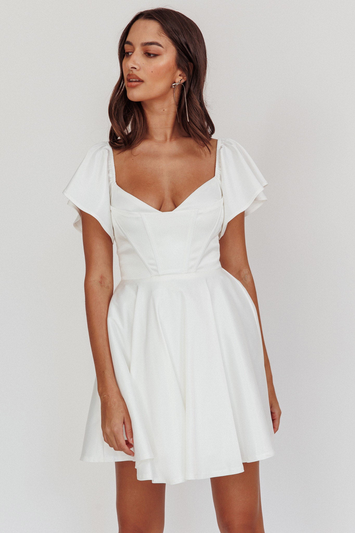 Tamelia Flutter Sleeve Mini Dress White-Maymioy