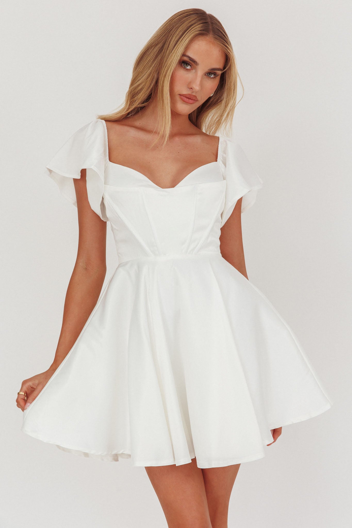 Tamelia Flutter Sleeve Mini Dress White-Maymioy