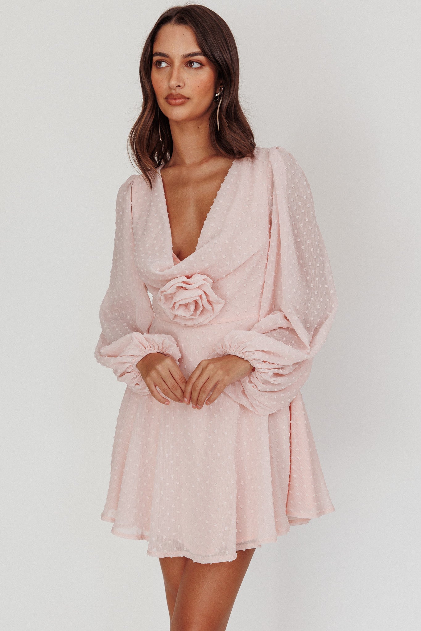 Open Heart Long Sleeve Rosette Mini Dress Baby Pink-Maymioy