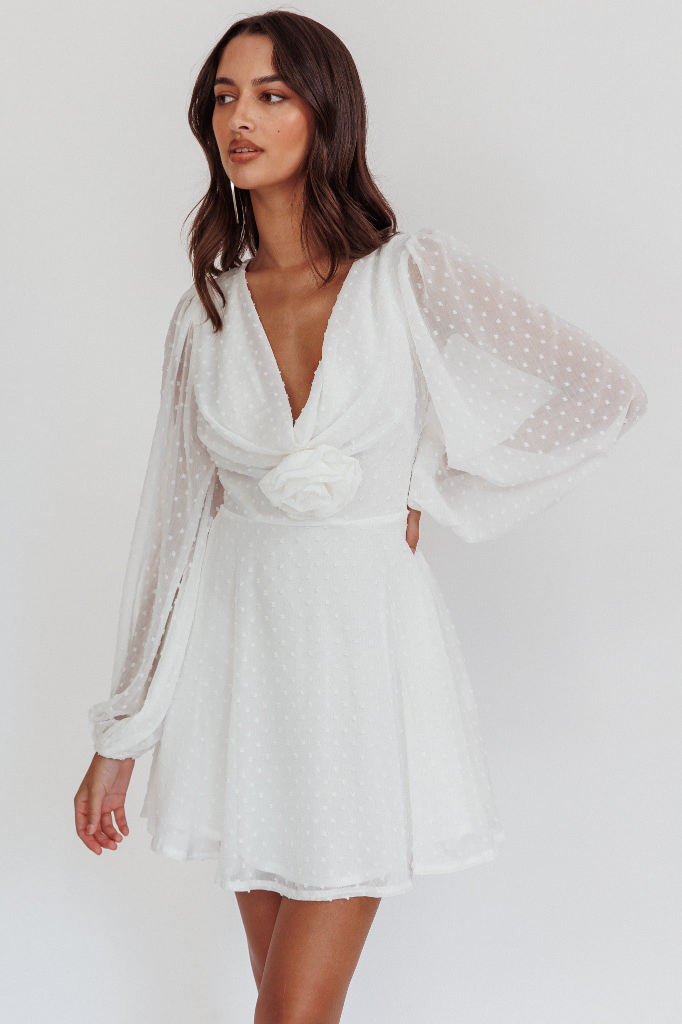 Open Heart Long Sleeve Rosette Mini Dress White-Maymioy