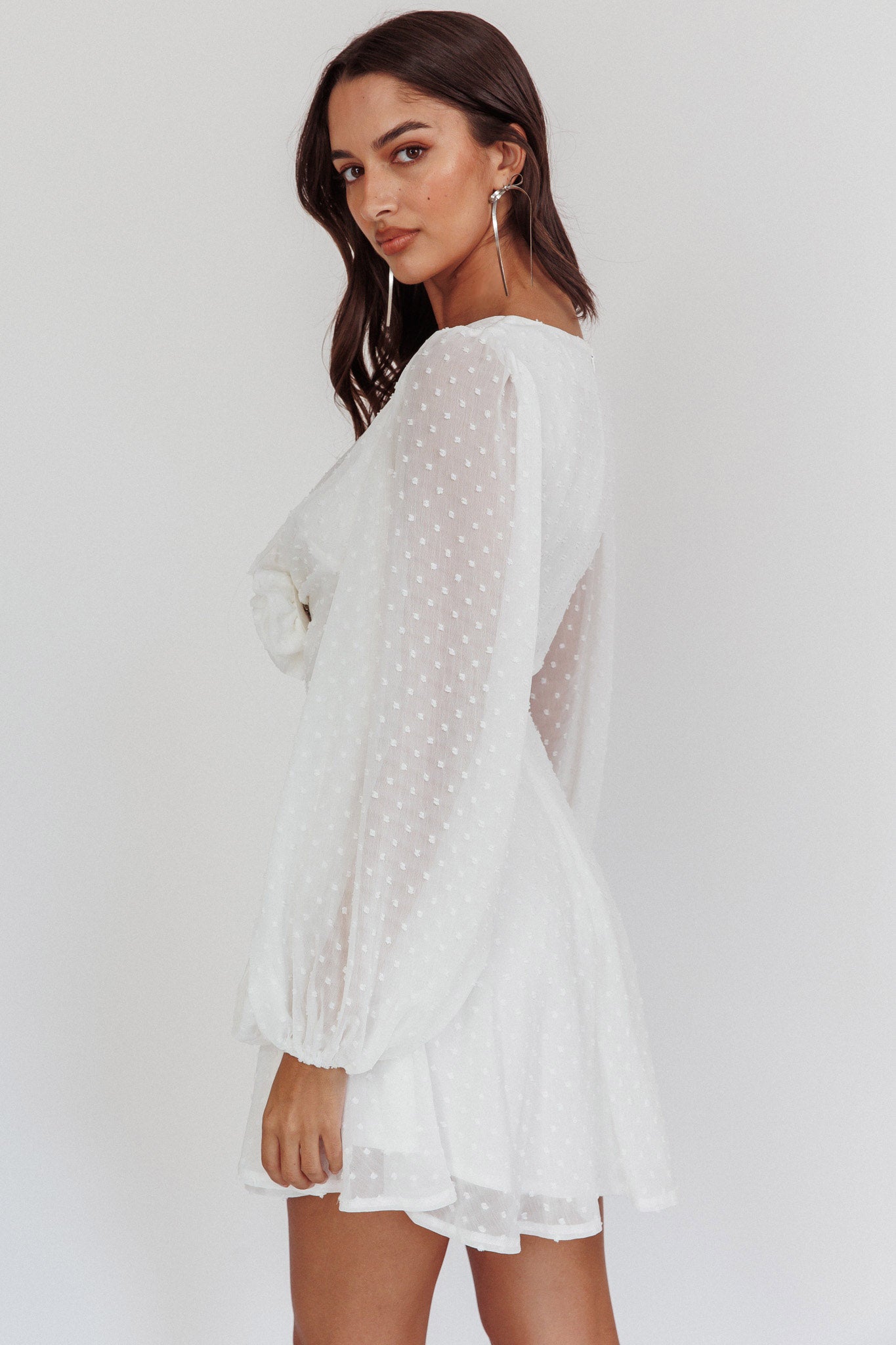 Open Heart Long Sleeve Rosette Mini Dress White-Maymioy