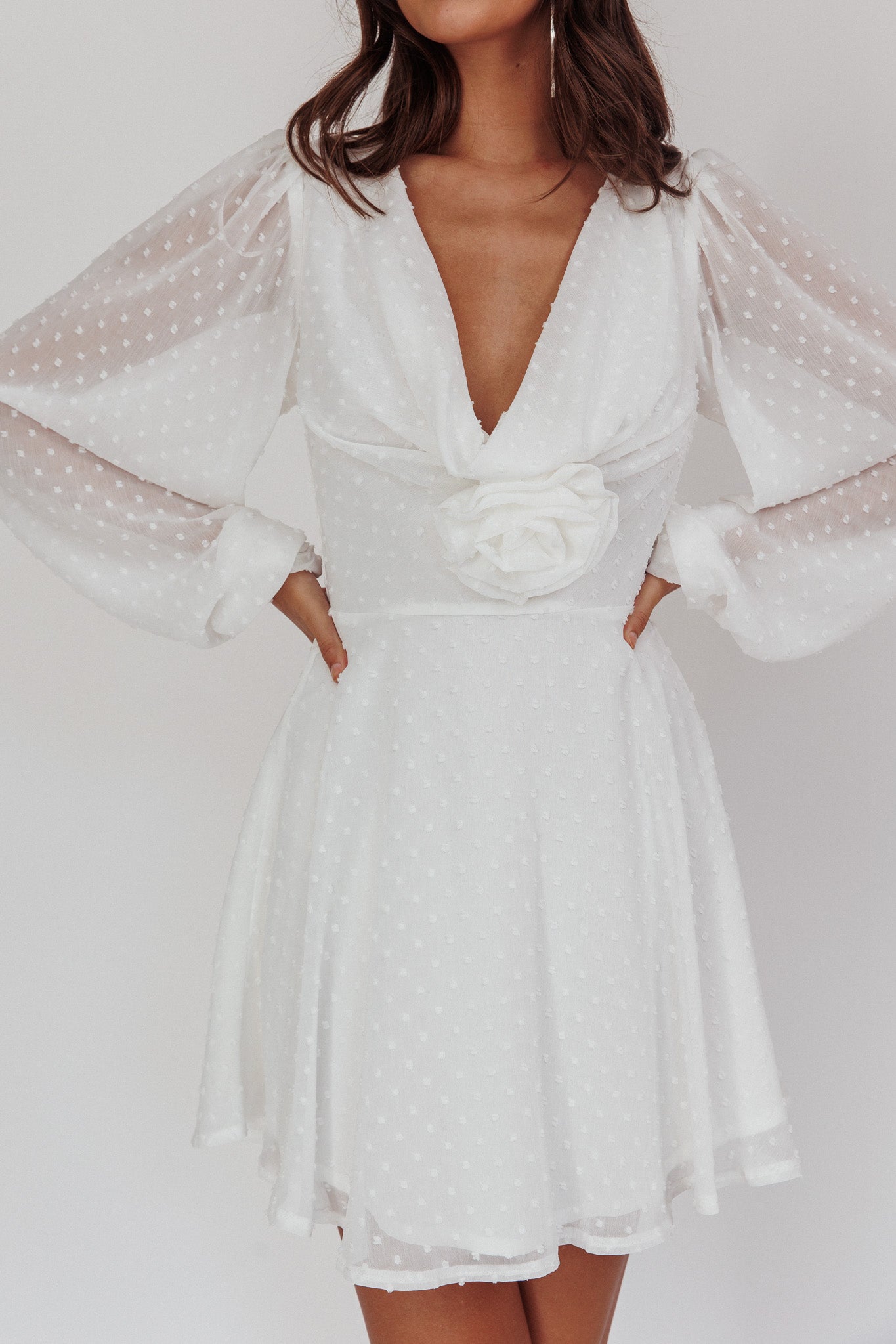 Open Heart Long Sleeve Rosette Mini Dress White-Maymioy