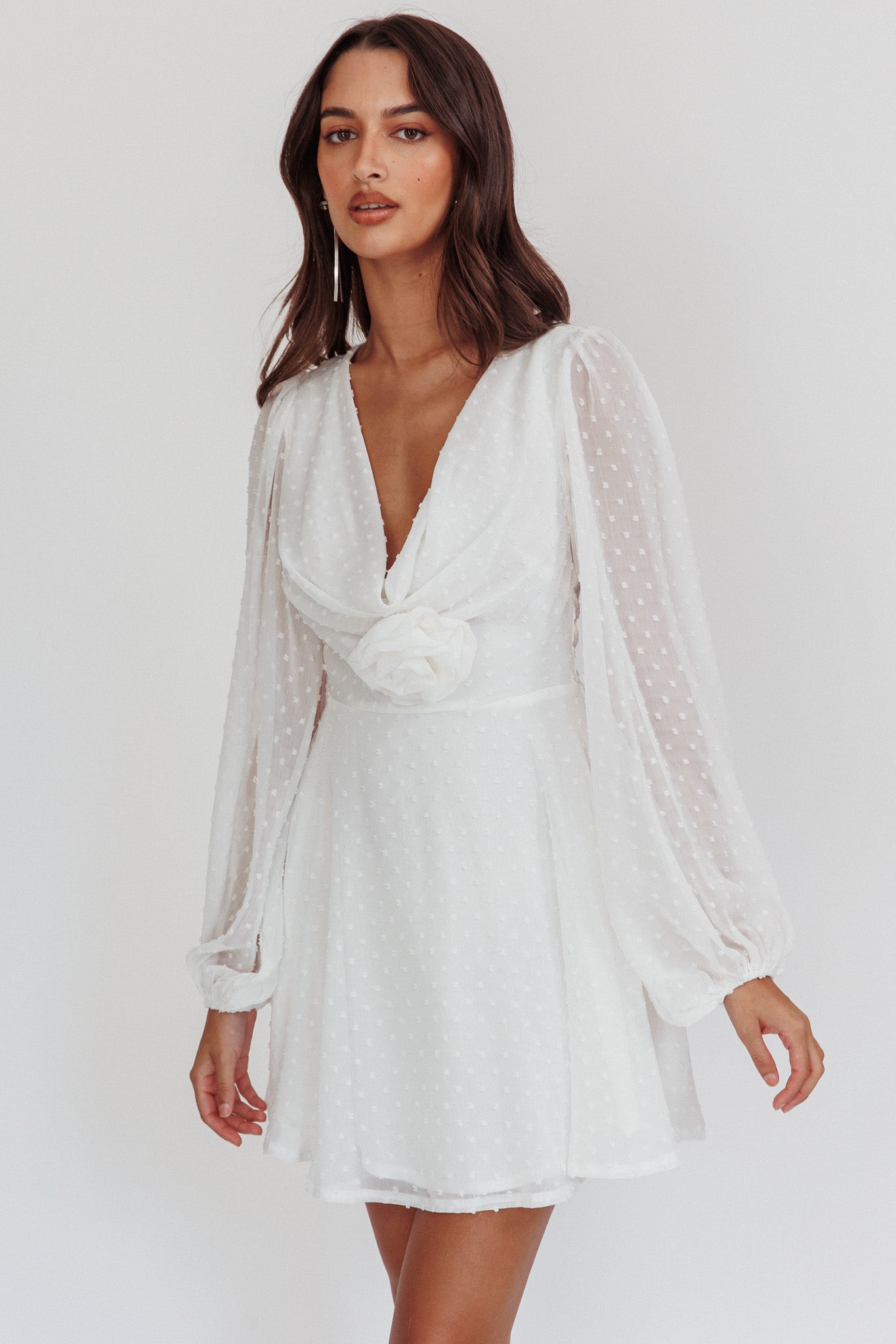 Open Heart Long Sleeve Rosette Mini Dress White-Maymioy