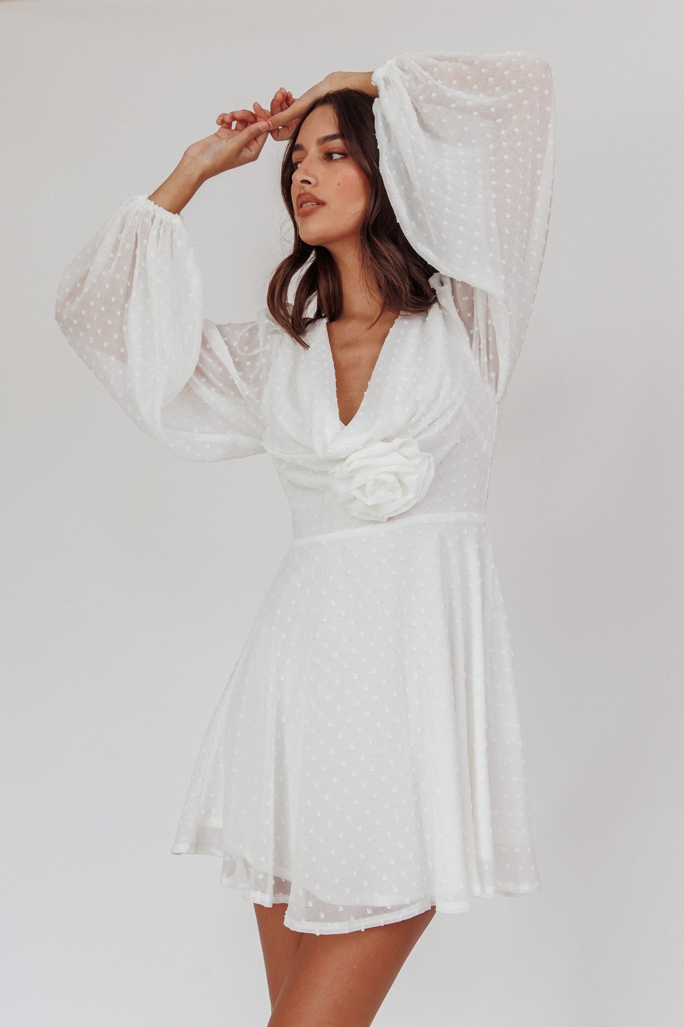 Open Heart Long Sleeve Rosette Mini Dress White-Maymioy