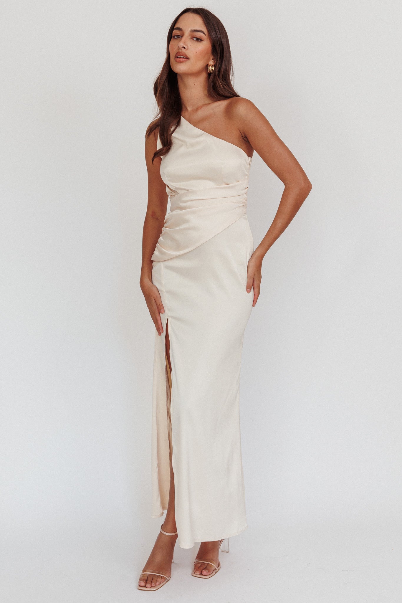 Taniesha One-Shoulder Gathered Maxi Dress Champagne-Maymioy