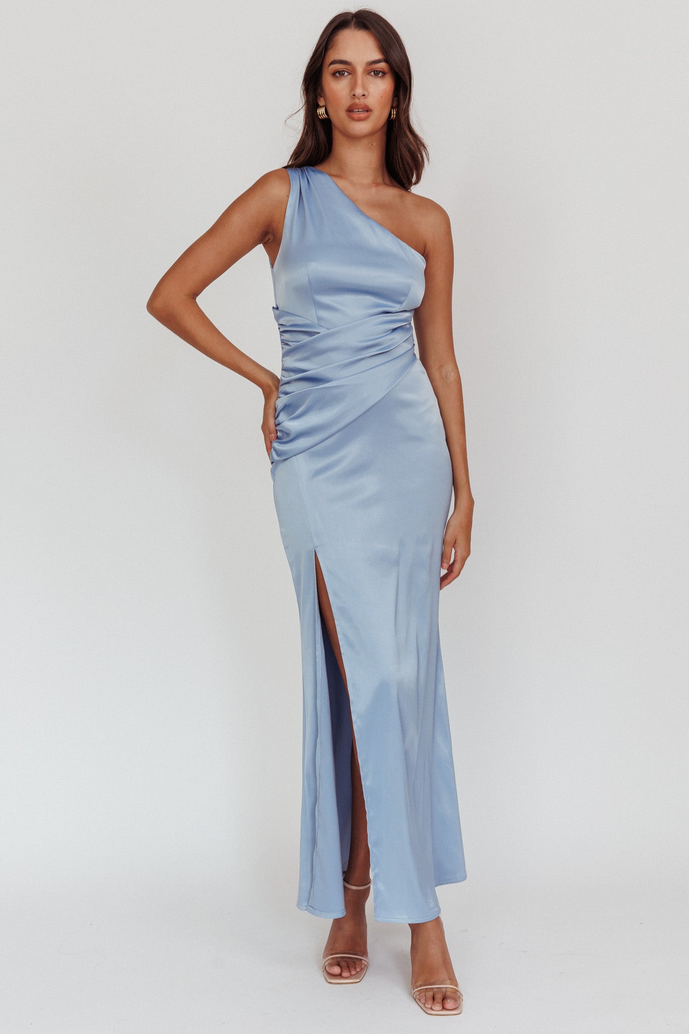 Taniesha One-Shoulder Gathered Maxi Dress Steel Blue-Maymioy
