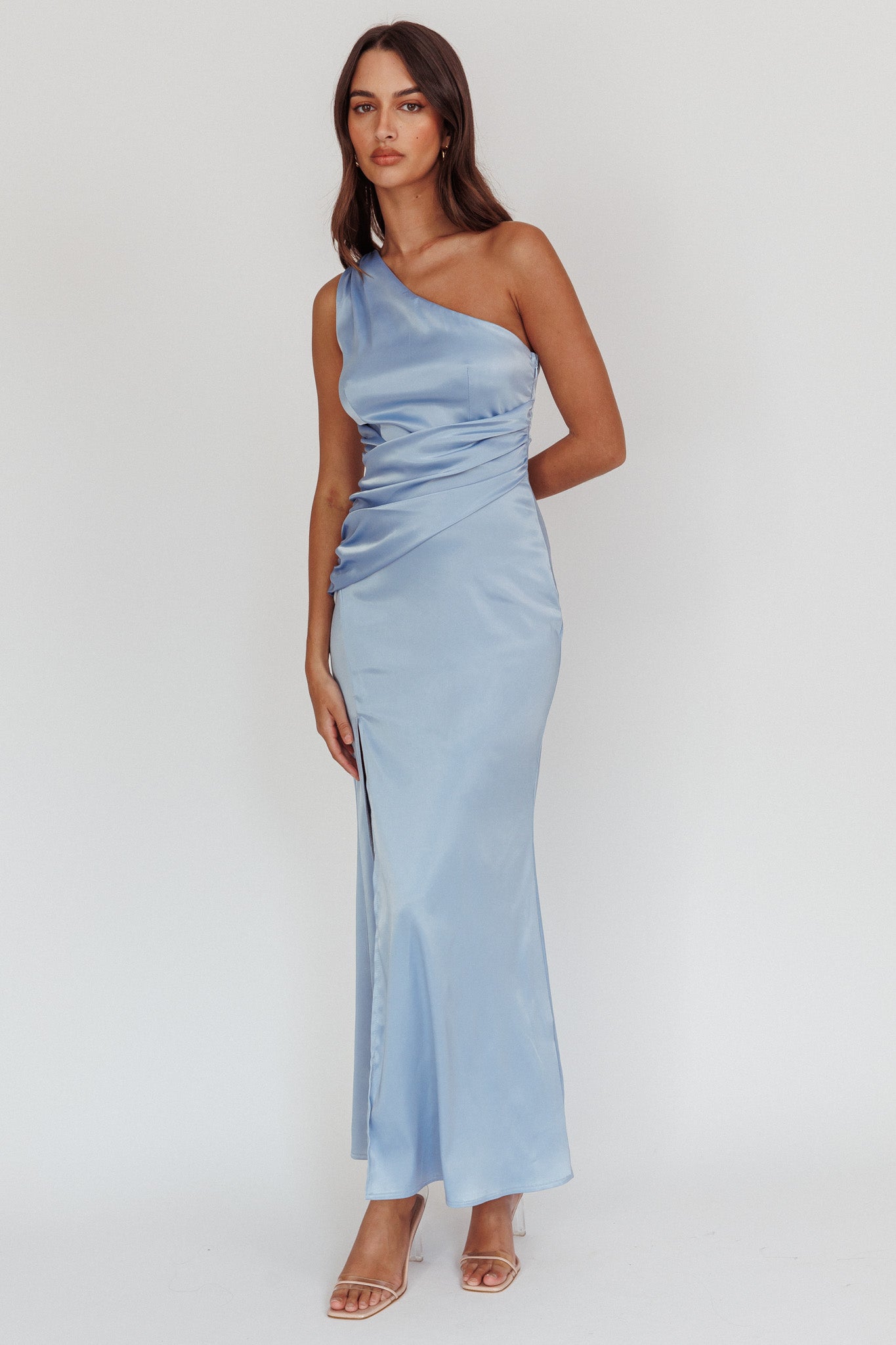 Taniesha One-Shoulder Gathered Maxi Dress Steel Blue-Maymioy