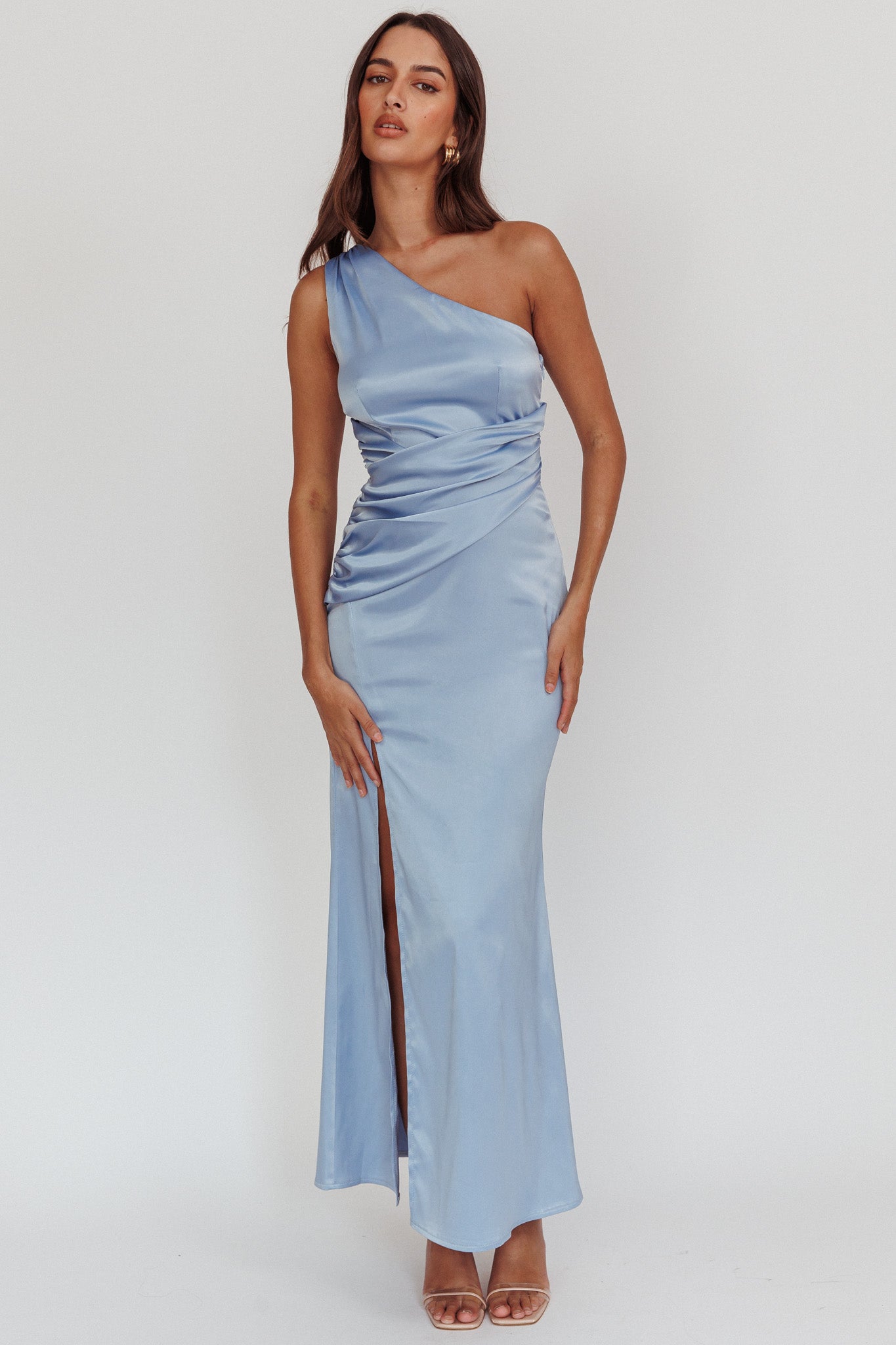 Taniesha One-Shoulder Gathered Maxi Dress Steel Blue-Maymioy