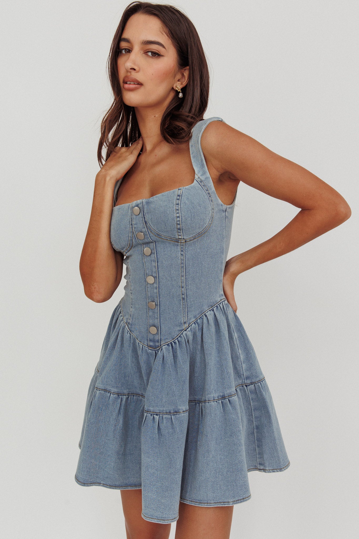 Deep Dive Square Neck Mini Dress Denim-Maymioy