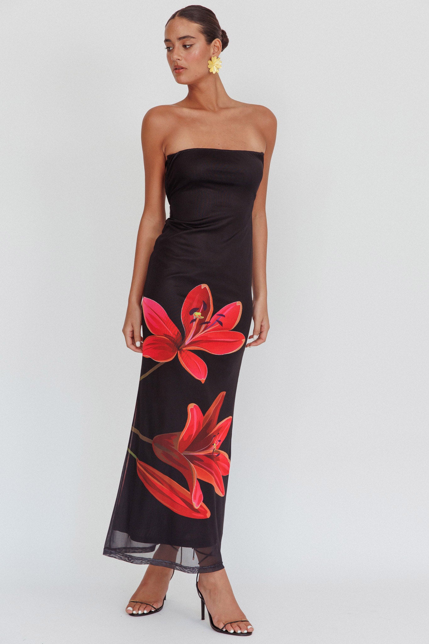 Iridian Strapless Floral Maxi Dress Black-Maymioy