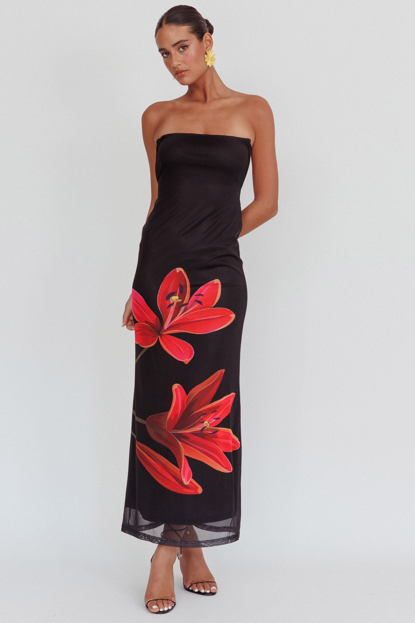 Iridian Strapless Floral Maxi Dress Black-Maymioy