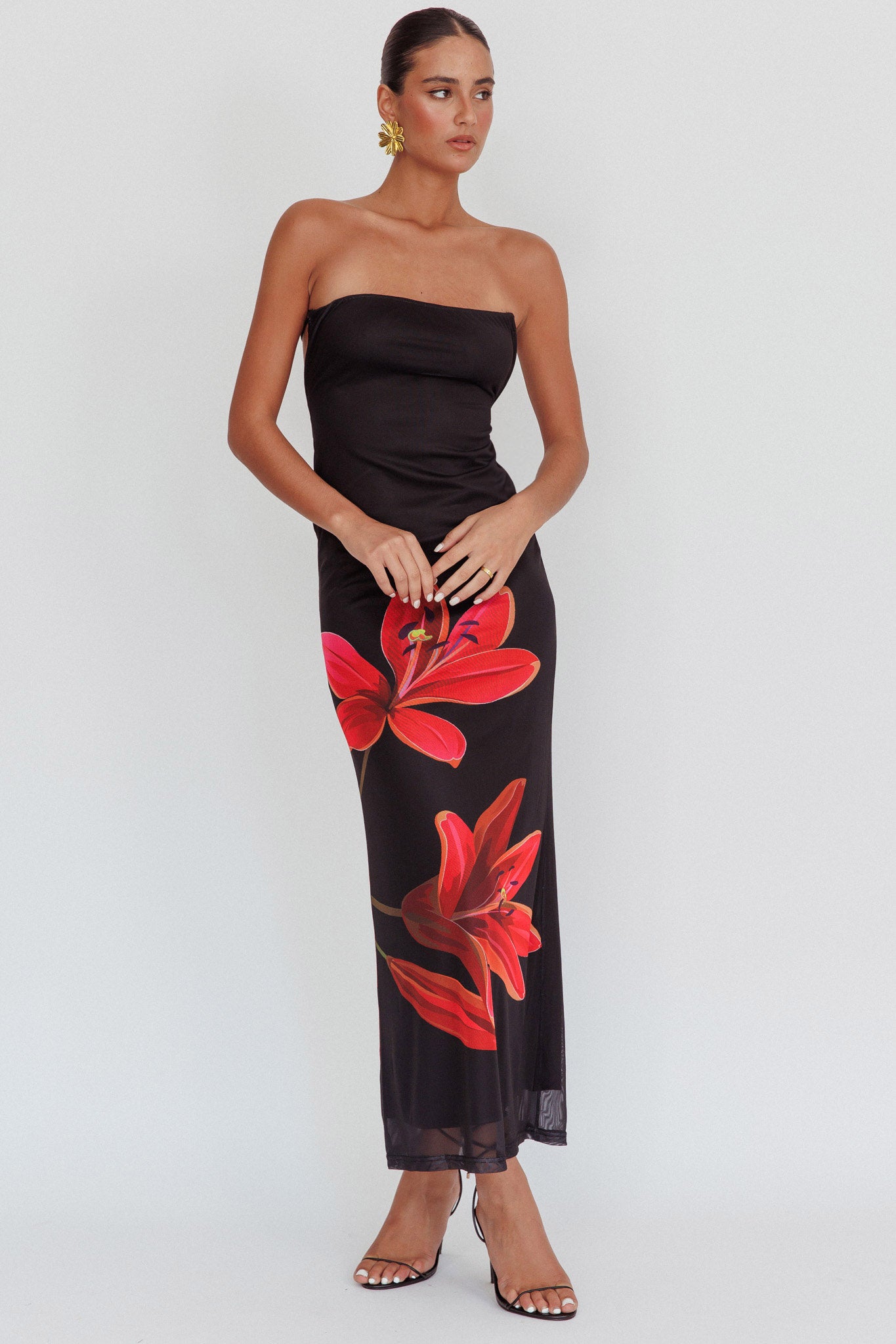 Iridian Strapless Floral Maxi Dress Black-Maymioy