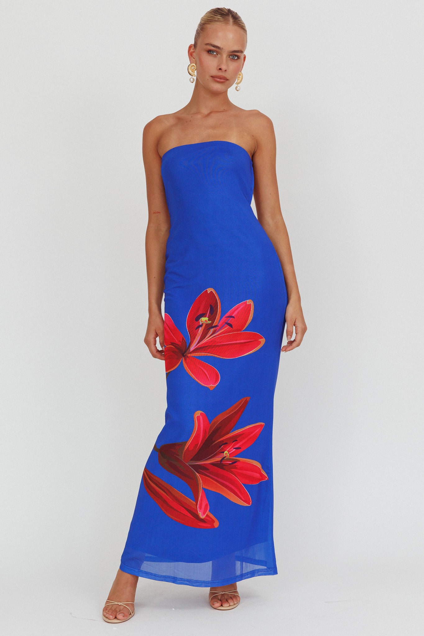 Iridian Strapless Floral Maxi Dress Blue-Maymioy