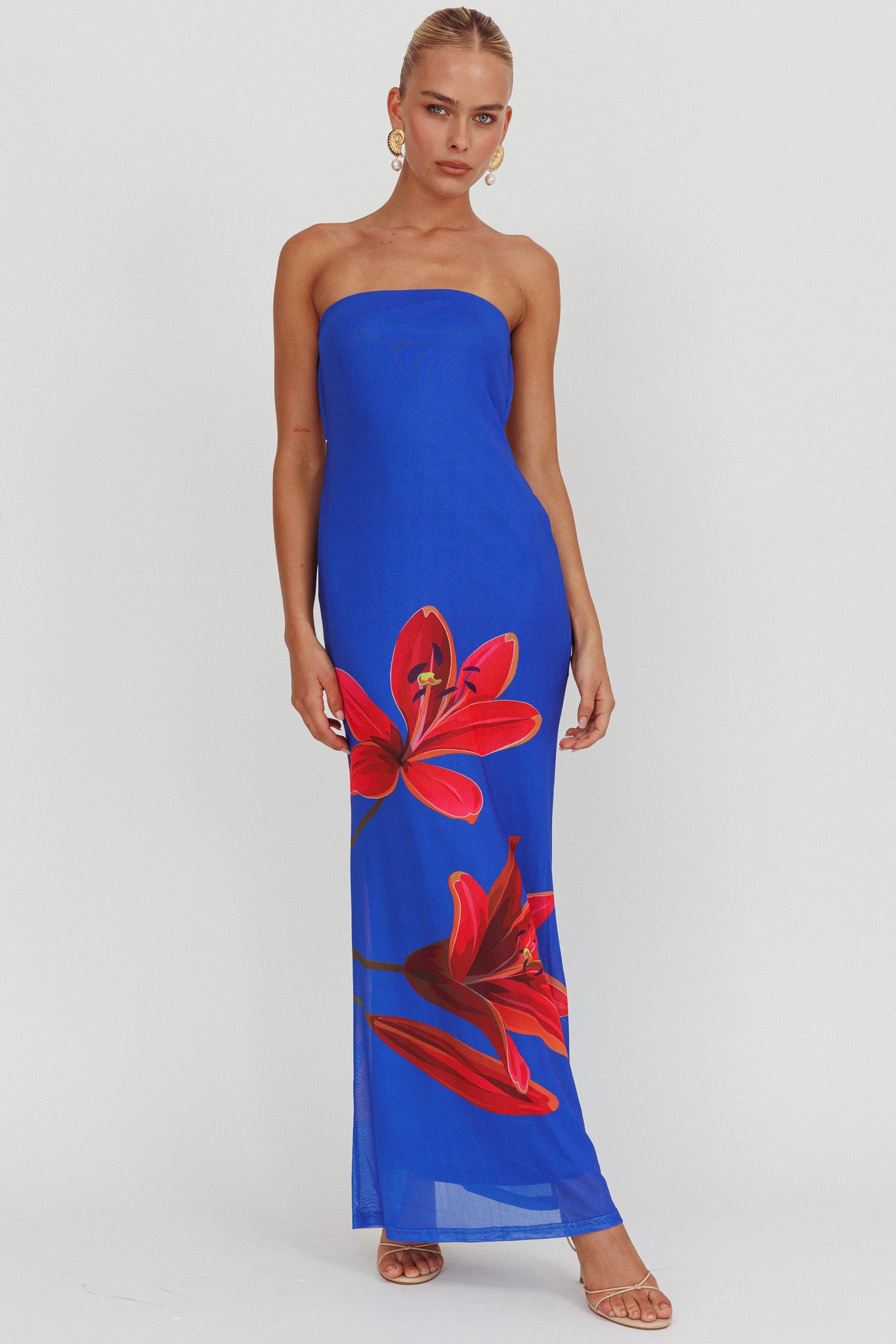 Iridian Strapless Floral Maxi Dress Blue-Maymioy