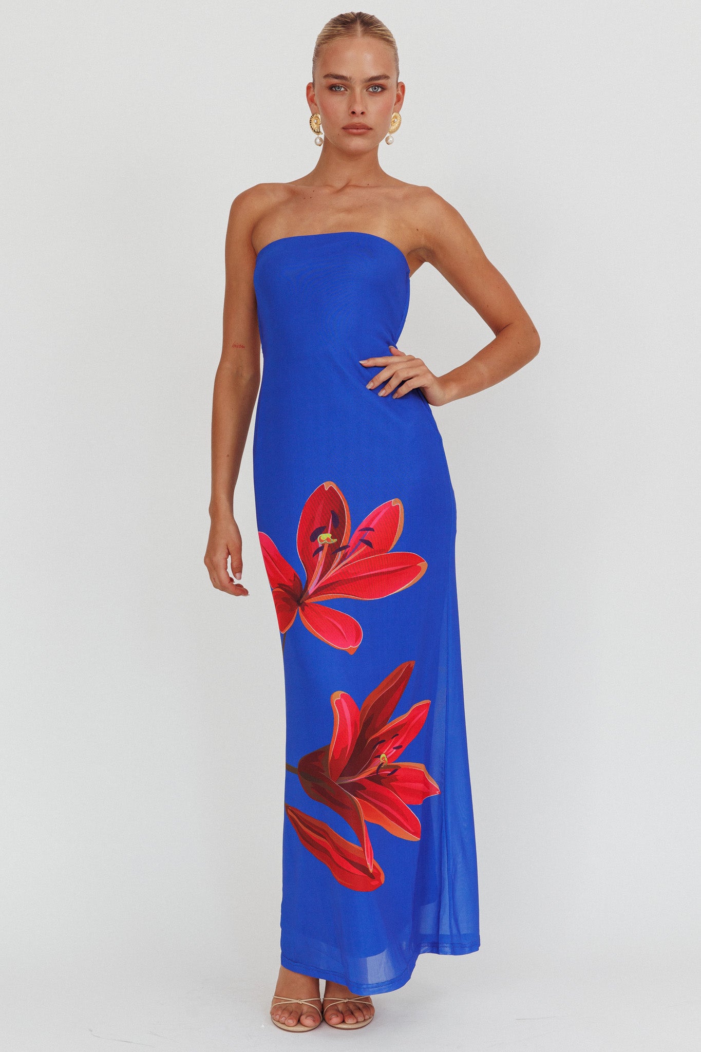 Iridian Strapless Floral Maxi Dress Blue-Maymioy