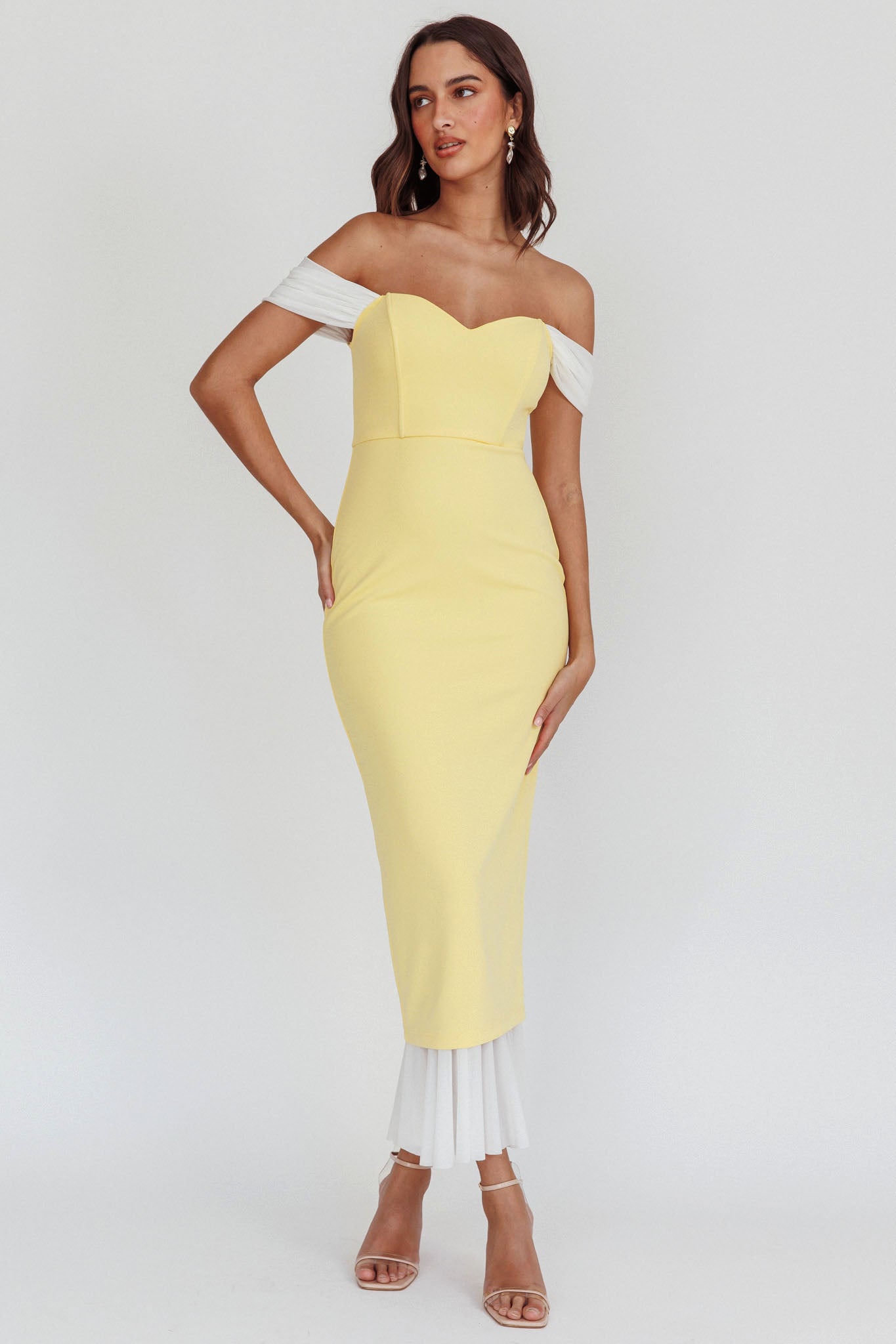 Freesia Off Shoulder Bodycon Midi Dress Lemon-Maymioy