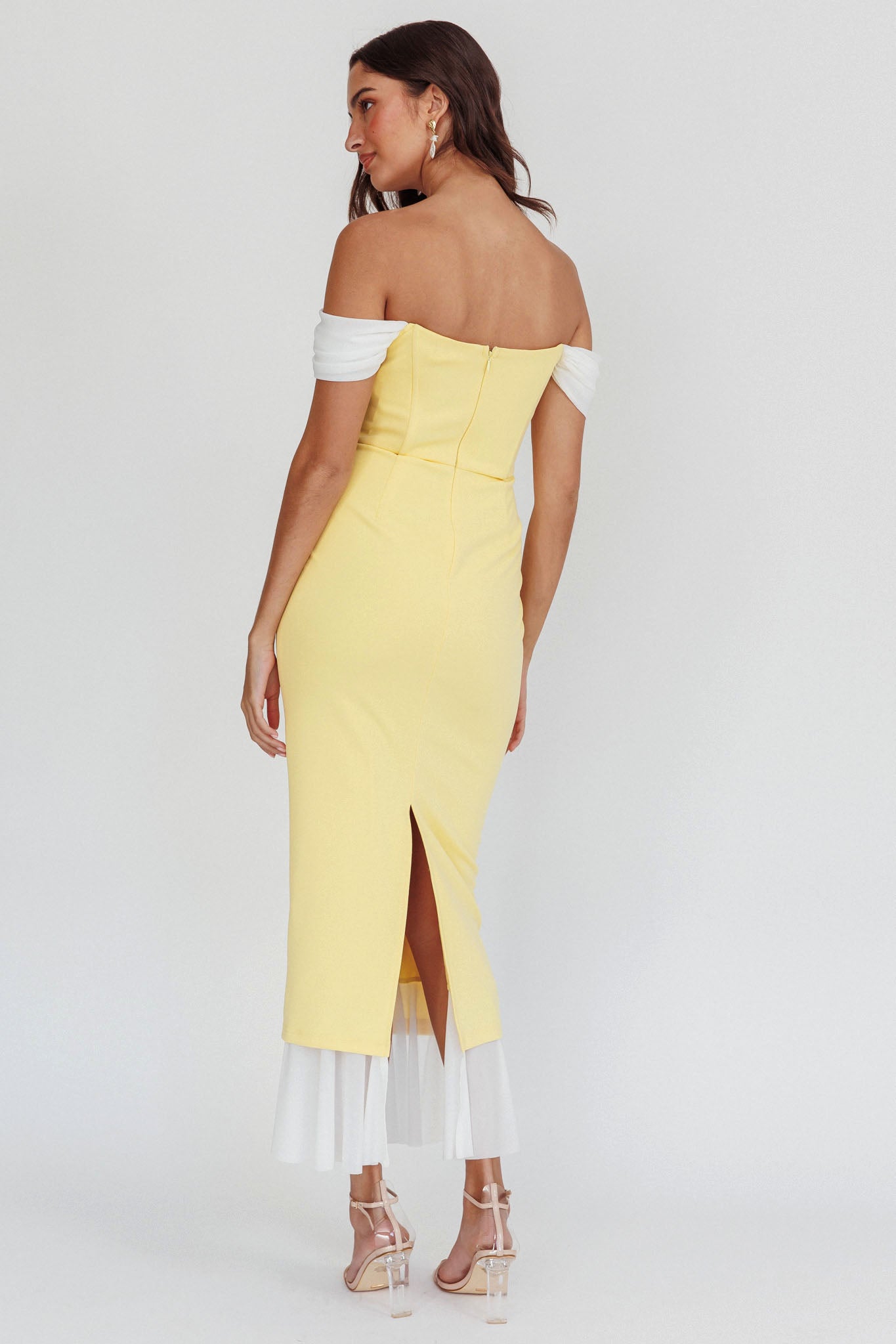 Freesia Off Shoulder Bodycon Midi Dress Lemon-Maymioy