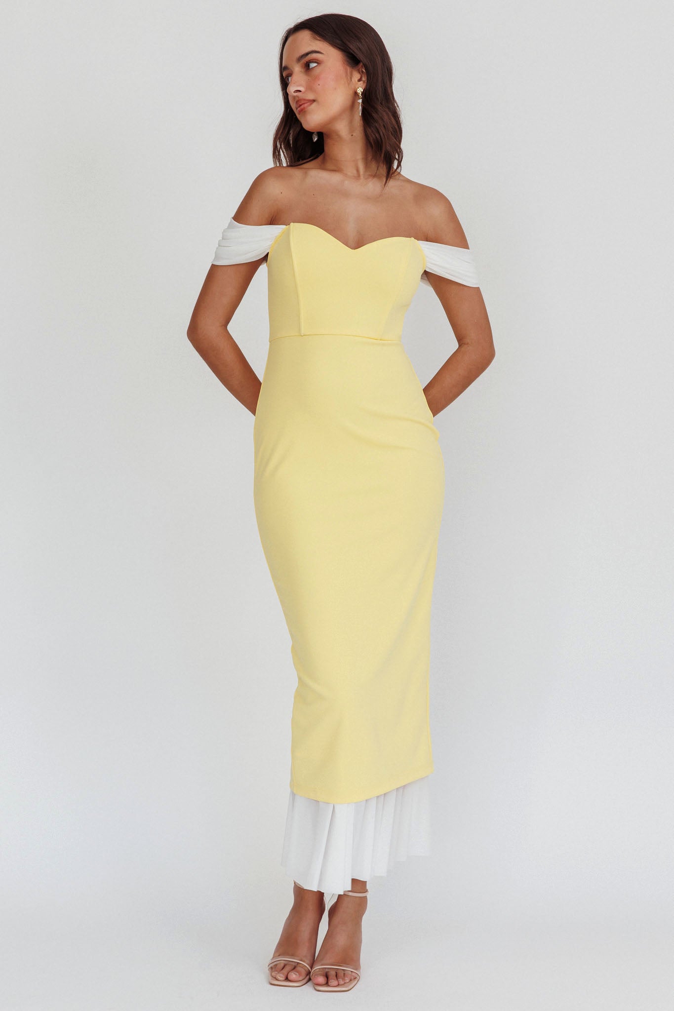 Freesia Off Shoulder Bodycon Midi Dress Lemon-Maymioy