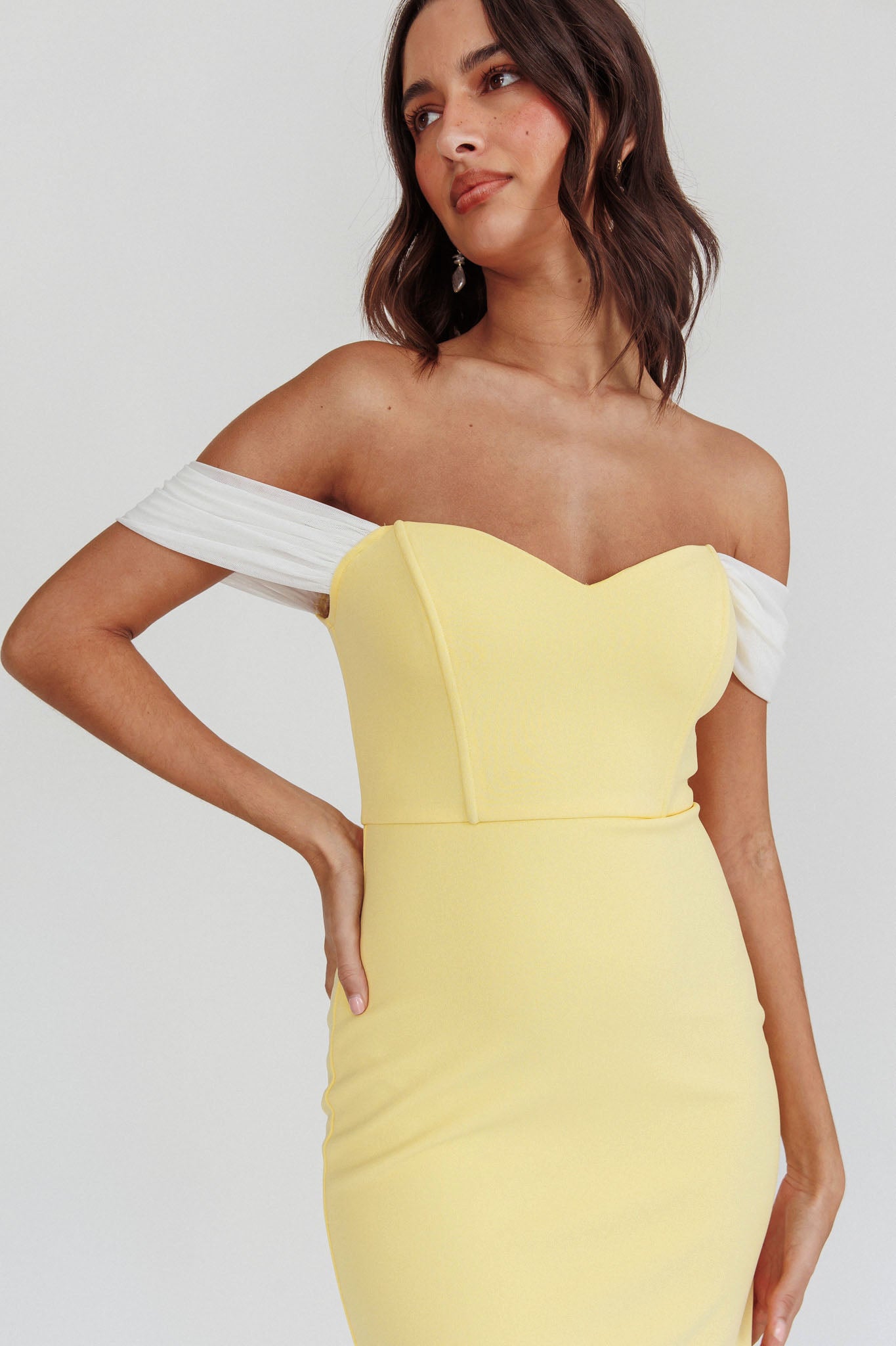 Freesia Off Shoulder Bodycon Midi Dress Lemon-Maymioy
