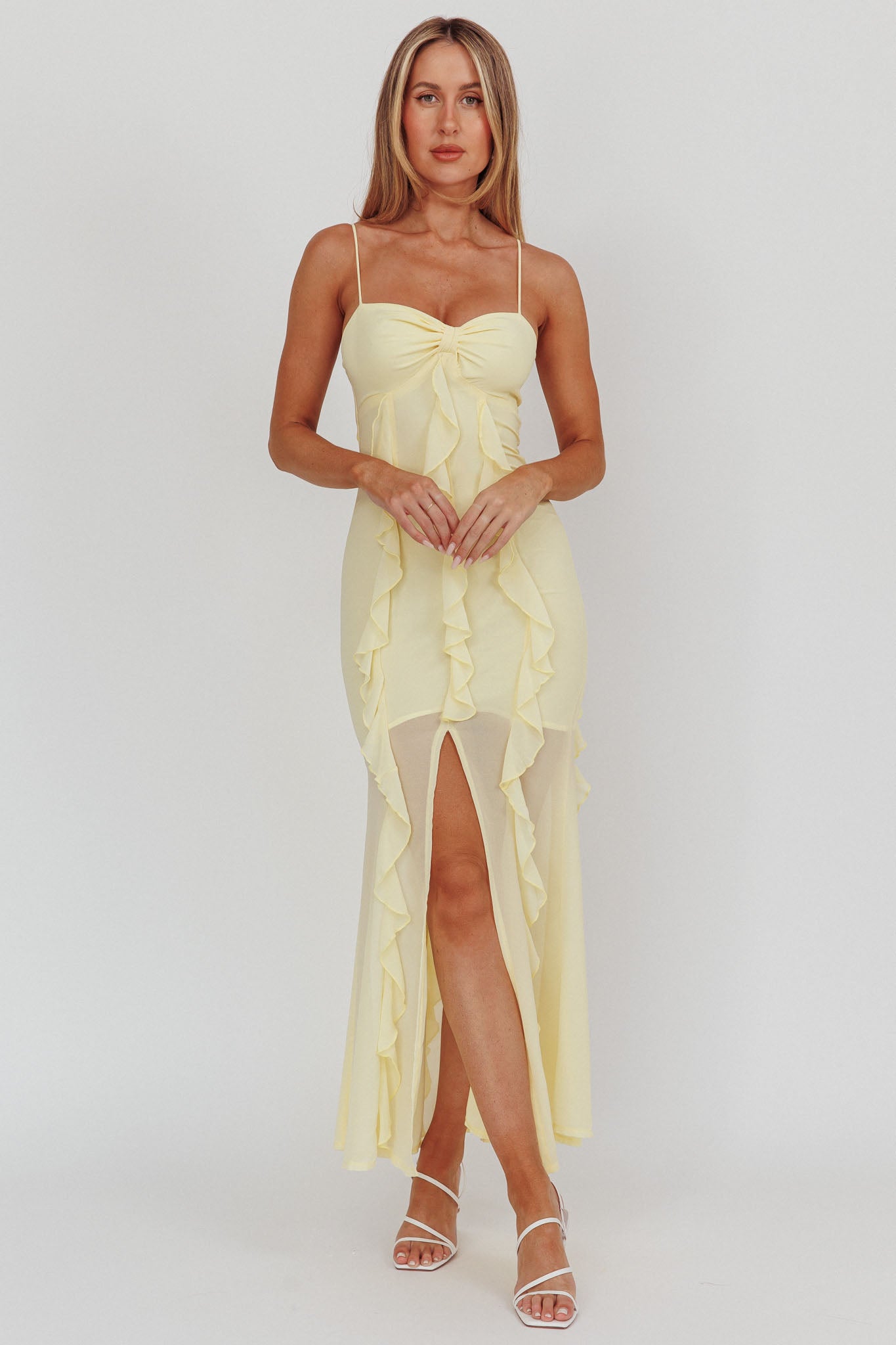 Frannie Vertical Ruffle Maxi Dress Lemon-Maymioy