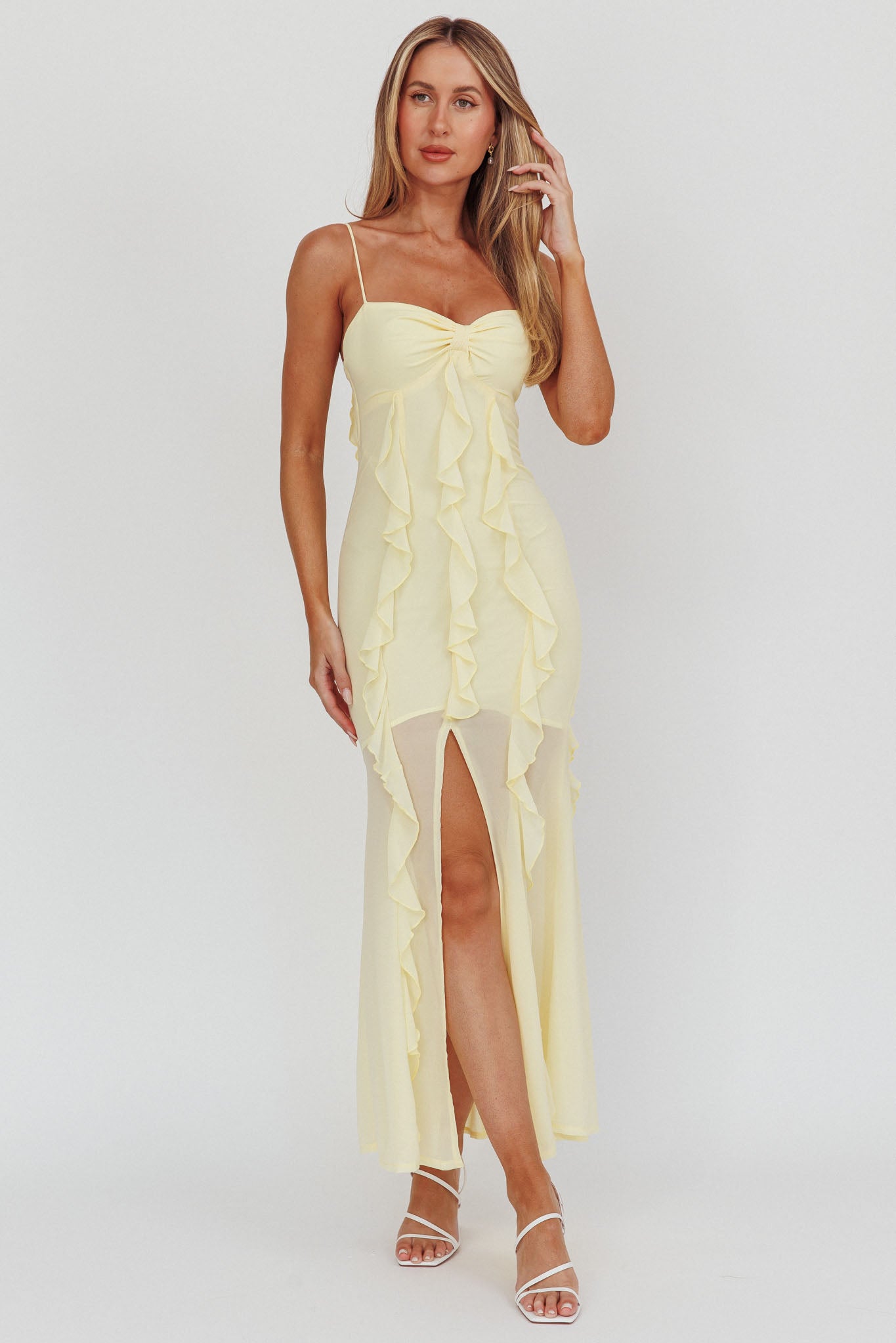 Frannie Vertical Ruffle Maxi Dress Lemon-Maymioy